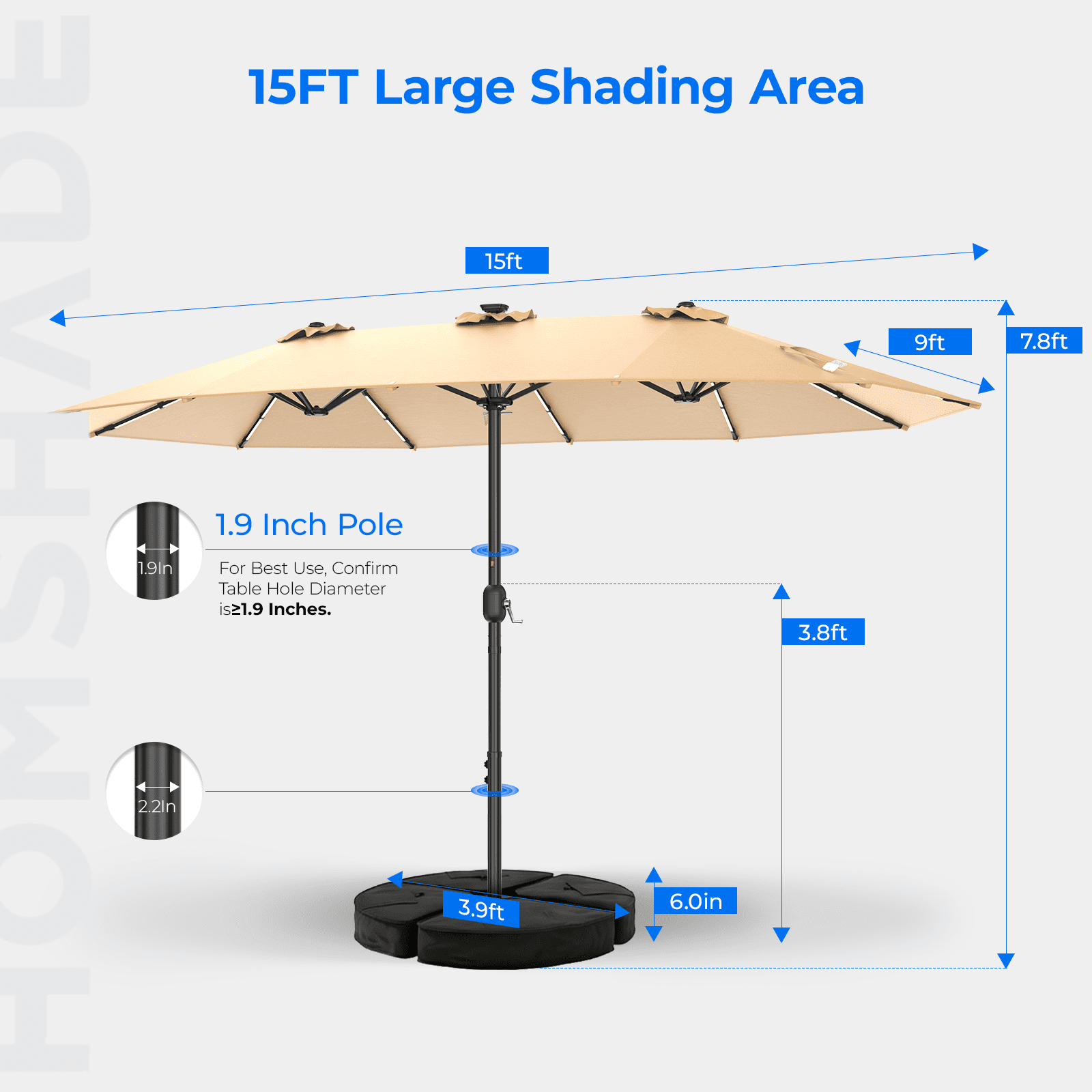 TASKBAY 15ft Double-Sided Patio Umbrella with Solar LED Lights and Base (Beige, 15ft x 9ft) kxlq0
