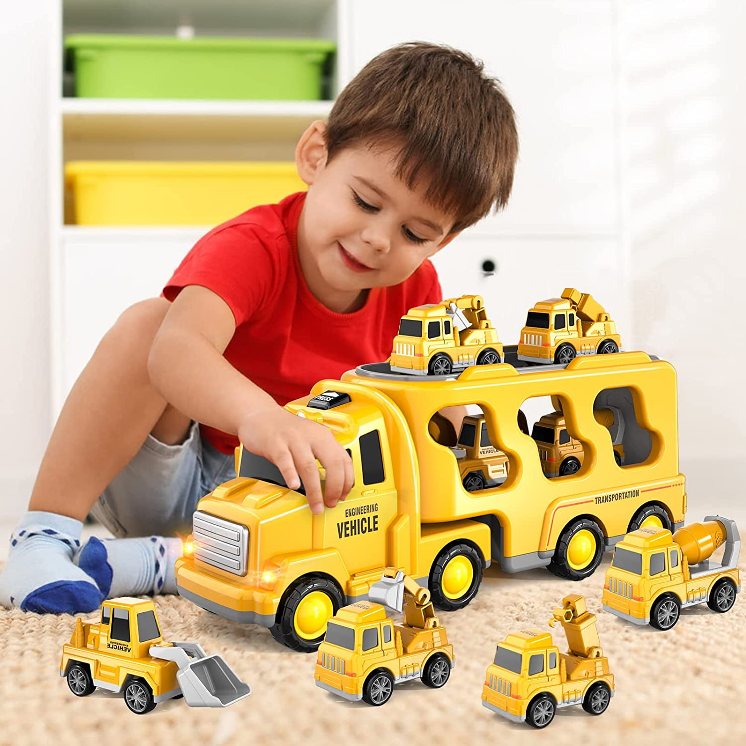 PayUSD 5-in-1 Construction Carrier Truck Set with Friction Power Vehicles (Yellow, 1 Set) qd7xg