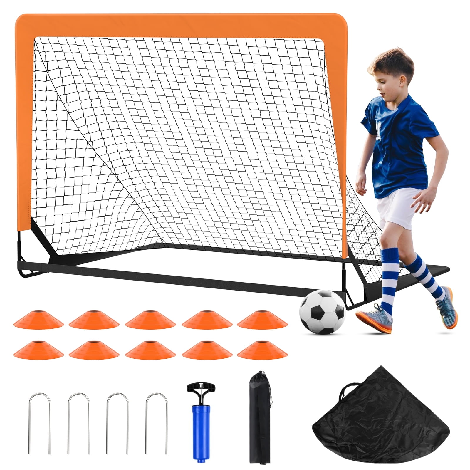 Cshidworld Kids Soccer Goal Set, Portable Backyard Training Equipment with Soccer Ball and 10 Cones (Orange, 4 ft x 3 ft) z8wtl