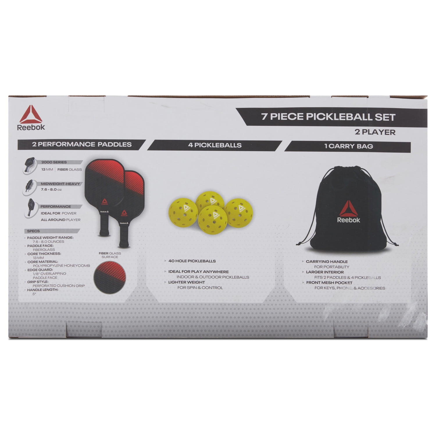 Reebok 7-Piece Pickleball Paddle Set with Fiberglass Surface and Cushioned Grip (2 Paddles, 4 Balls, 1 Bag) g3x2a