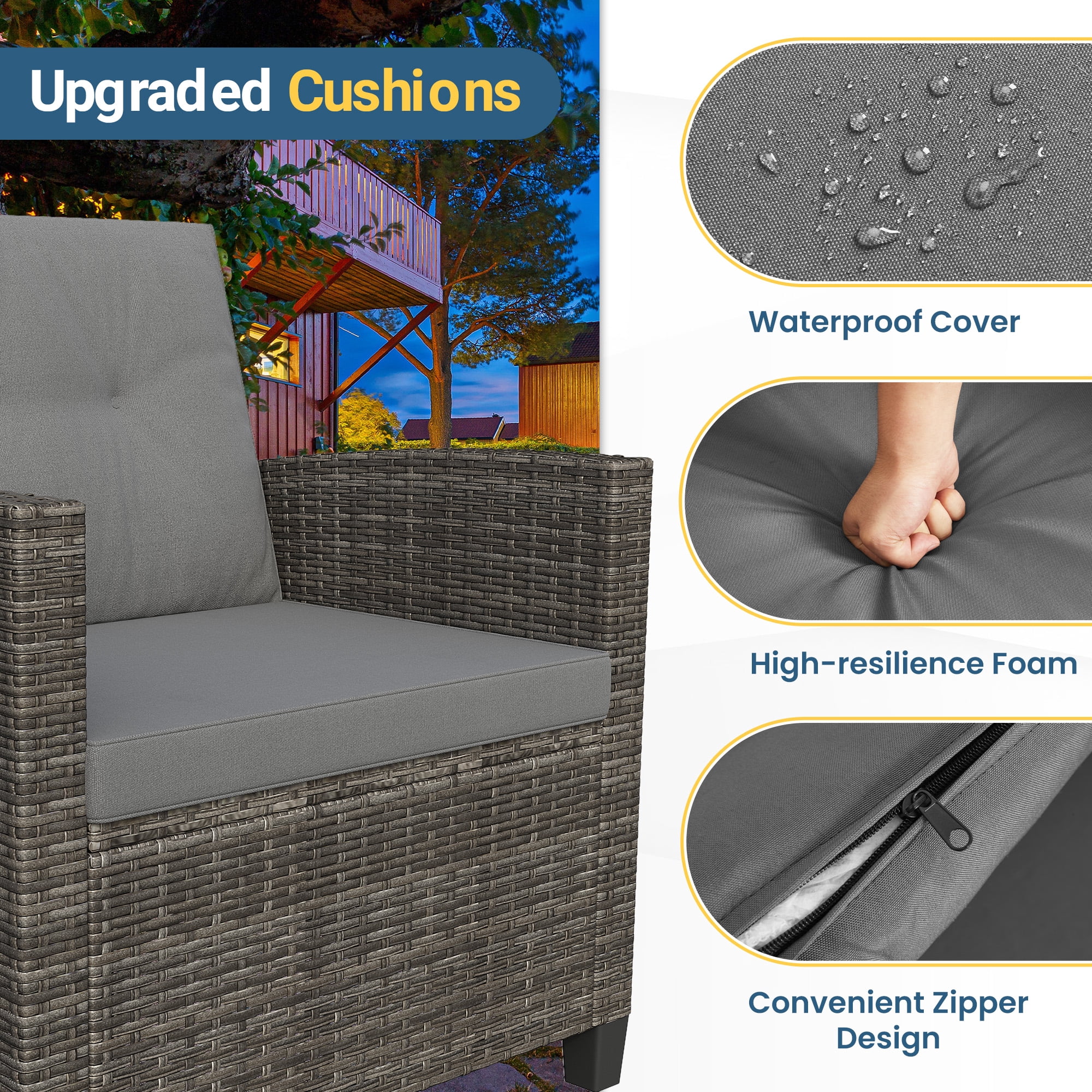 Heynemo 4-Piece Outdoor Patio Furniture Set, Rattan Conversation Set with Acacia Wood Coffee Table and Cushions (Gray, 4-Piece) bzx19