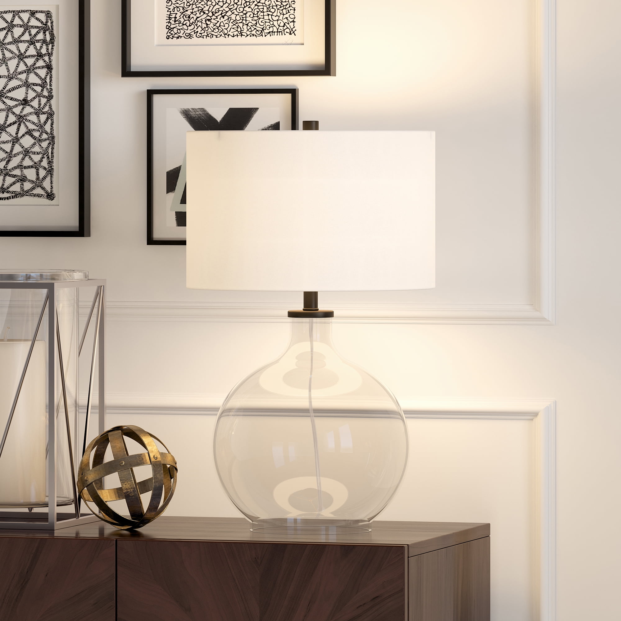 Evelyn&Zoe Modern Transitional Round Glass Table Lamp with Linen Shade (Black, 20 in Height) qd6bv