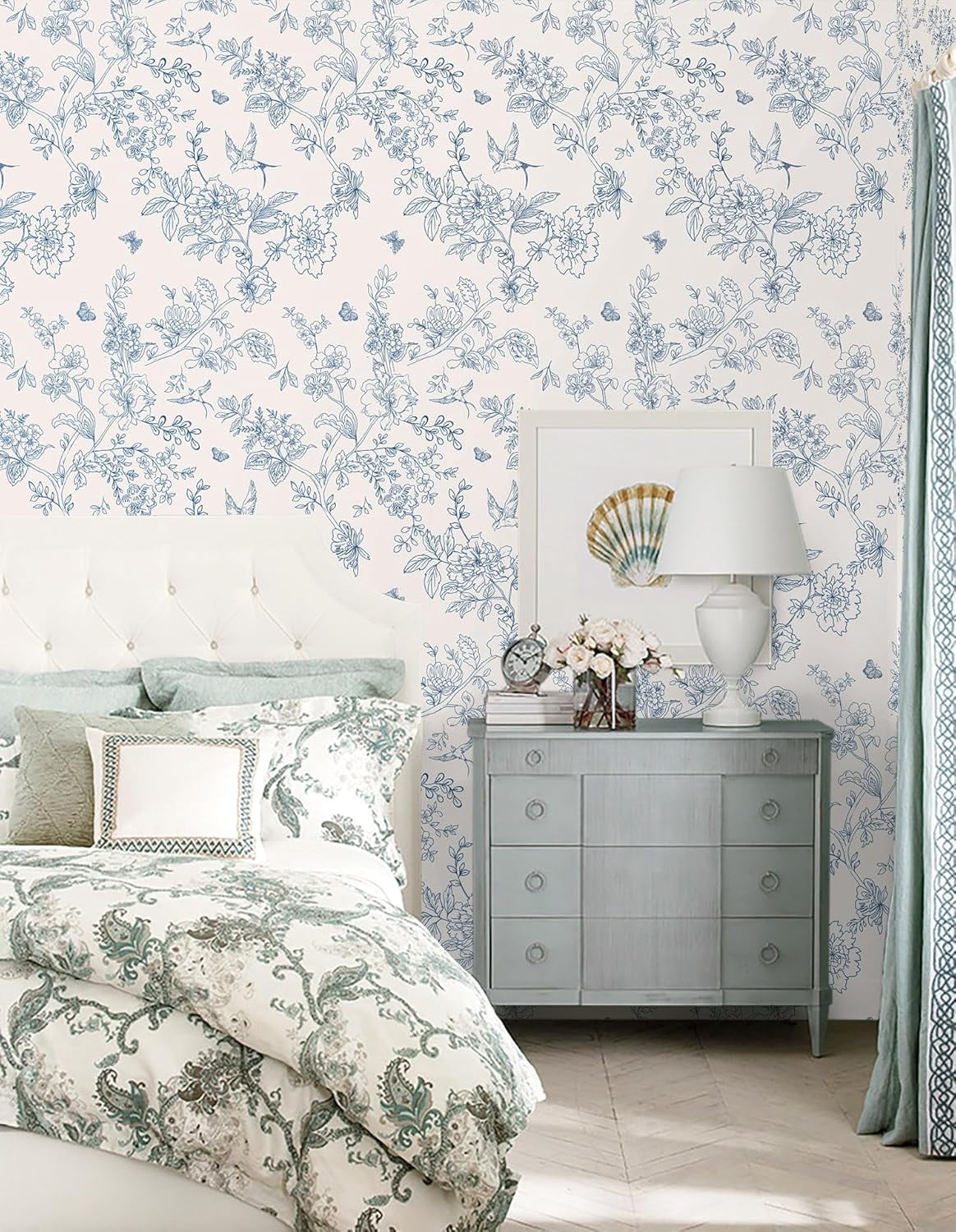 Usachibb Vintage Floral Peel and Stick Wallpaper, Removable Boho Contact Paper for Bedroom and Bathroom (Cream White and Blue, 17.7 in x 118.1 in) 7fljd