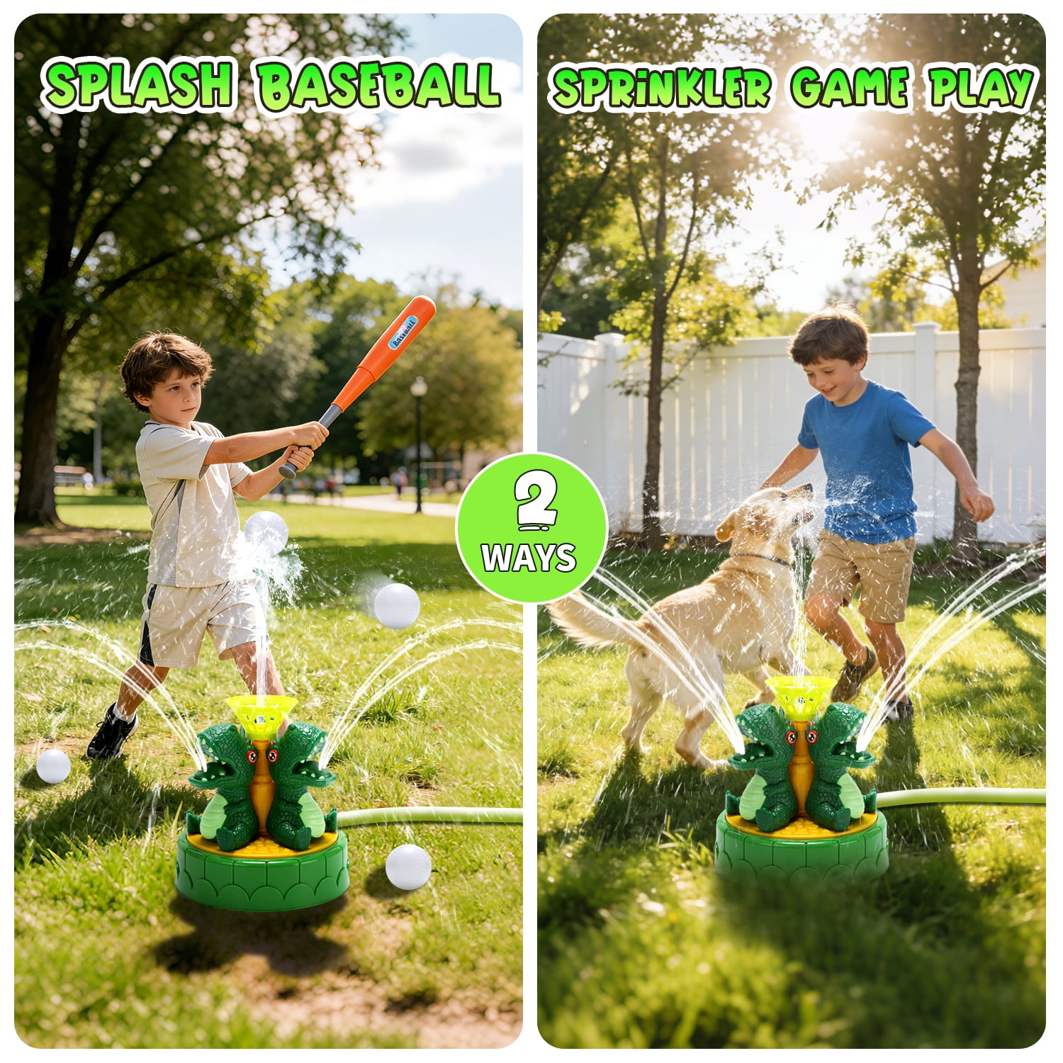JoyStone 2-in-1 Dinosaur Water Sprinkler and Baseball Batting Game (Green, 1 Set) xrayq