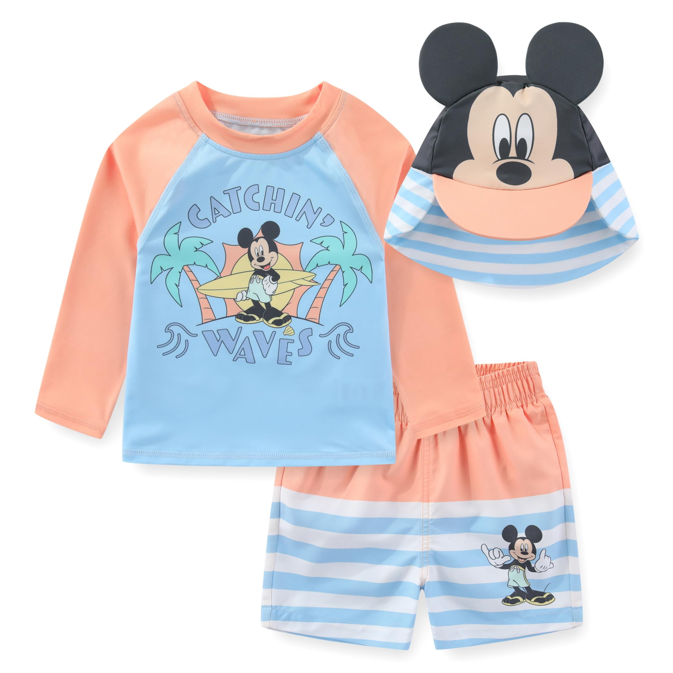 Disney Mickey Mouse UPF 50+ Rash Guard Swim Trunks and Sun Hat Set (Orange, 3M-24M) npph6