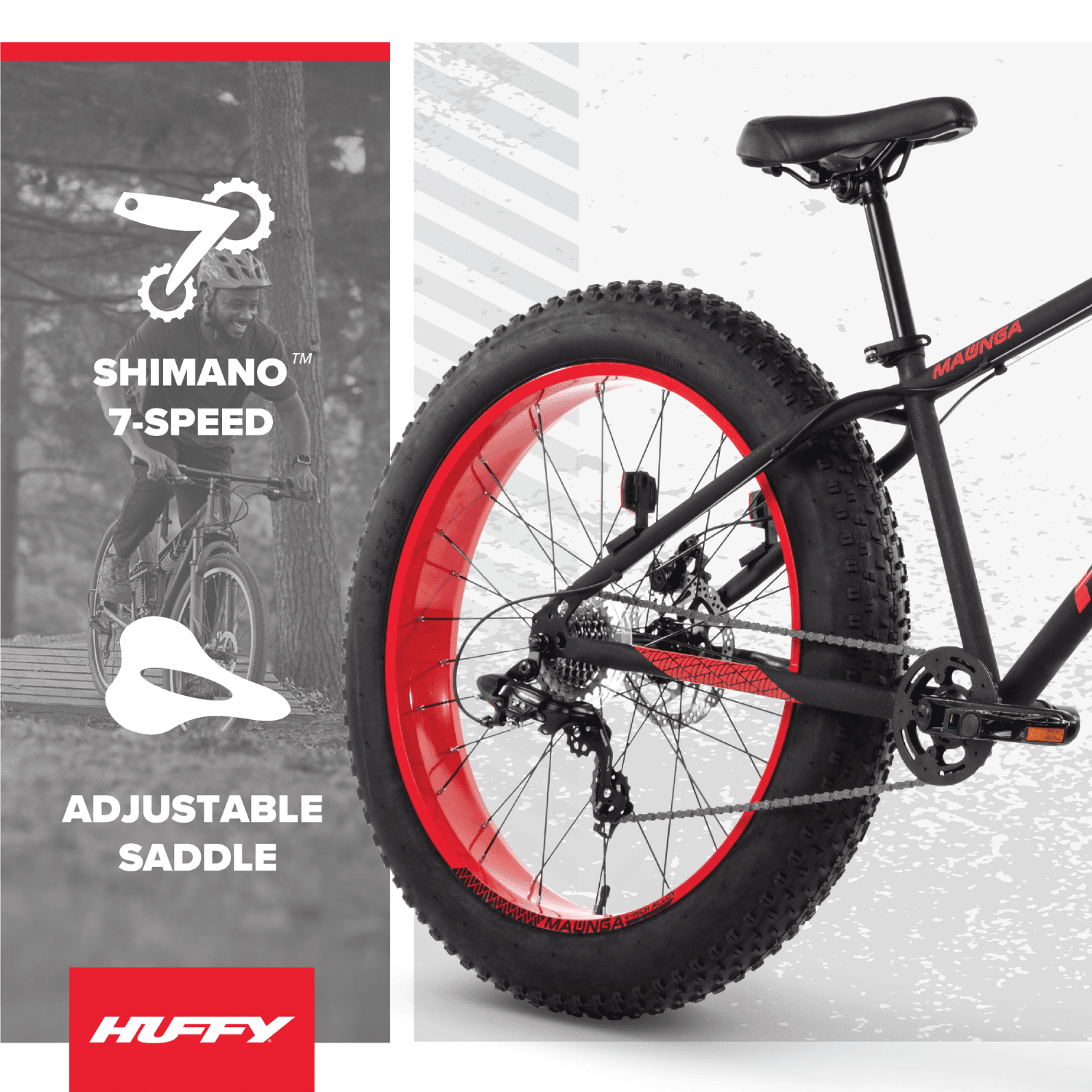Huffy Maunga Fat Tire Mountain Bike, Durable Steel Frame, 7-Speed Shimano Drivetrain, Disc Brakes (Black/Red, 26 in) m5cel - Image 6