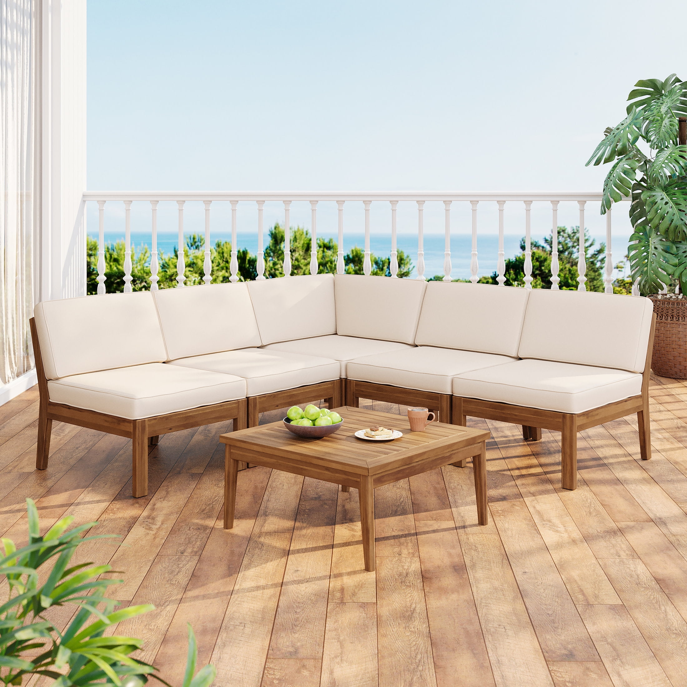 Christopher Knight Home 6-Piece Acacia Wood Outdoor Sectional Sofa Set with Patio Coffee Table (Beige, 6-Piece) tn92a