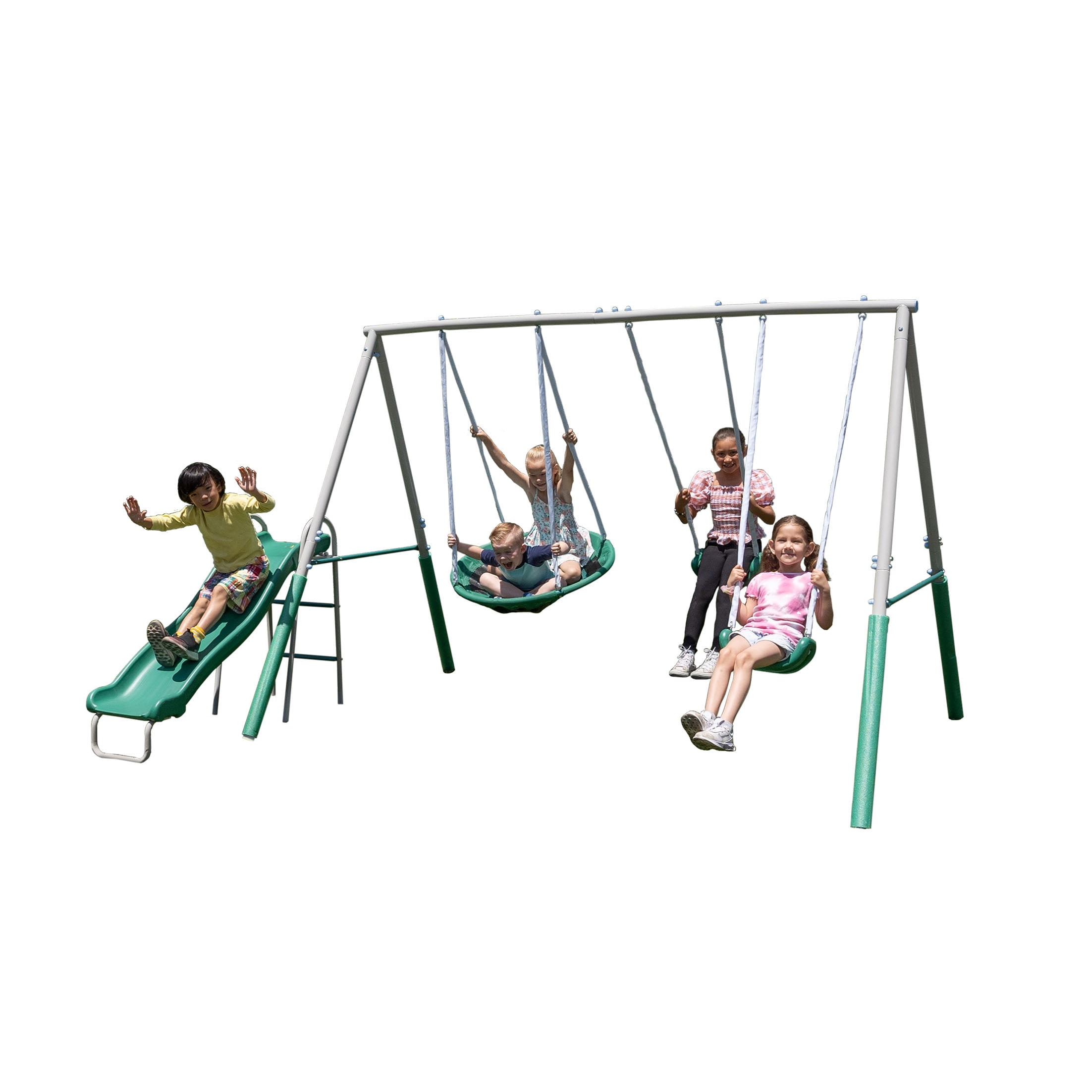 The Swing Company Northridge Metal Swing Set with Saucer Swing and 5 ft Wavy Slide (Green) hxxdv