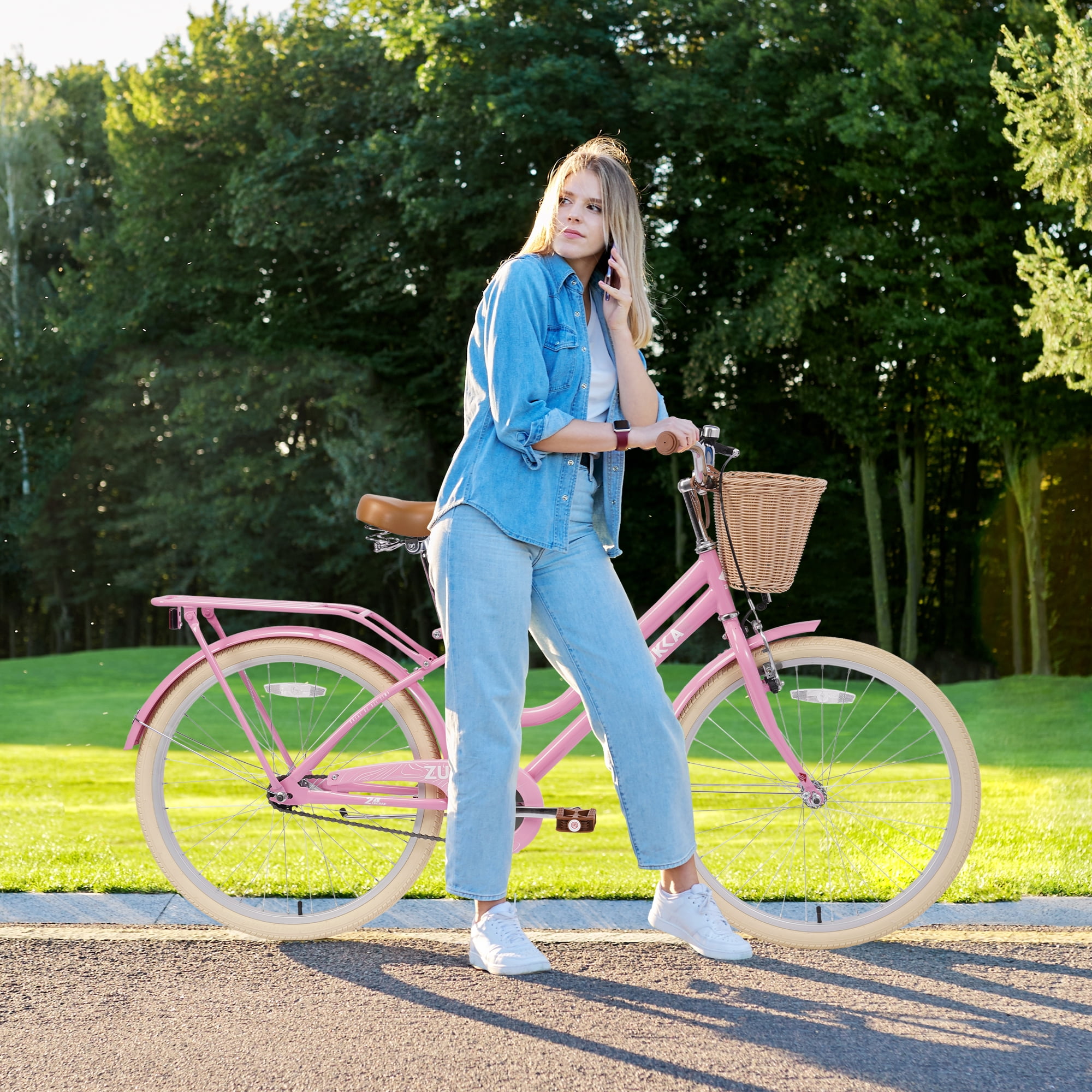 Zukka 24 inch Cruiser Bike City Commuter Bicycle with Woven Basket (Light Pink, 24 in) z0oyt