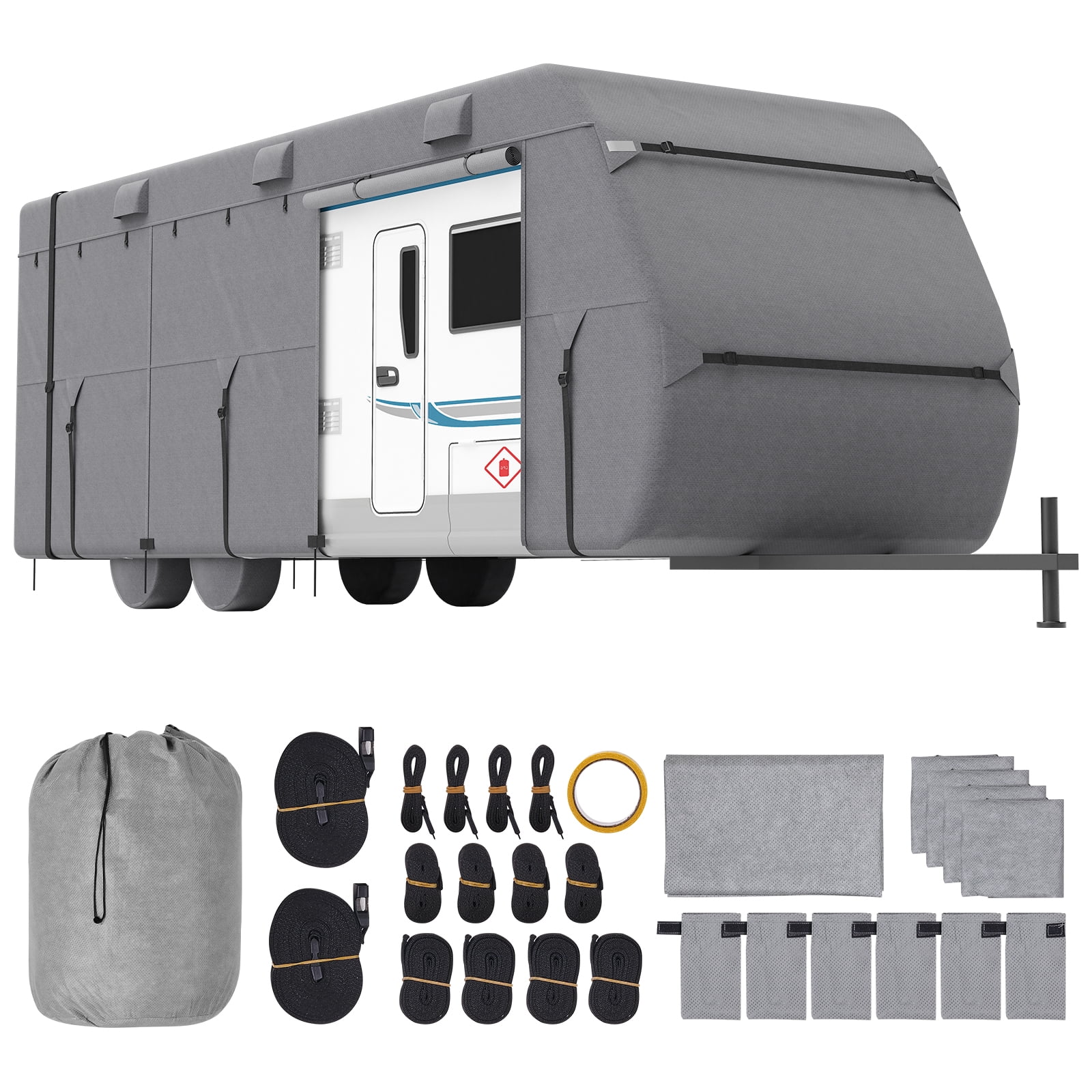 VEVOR Travel Trailer Cover (18-20 ft, Grey) Waterproof 4-Layer RV Camper Protector with Tire Covers and Storage Bag uwc3b