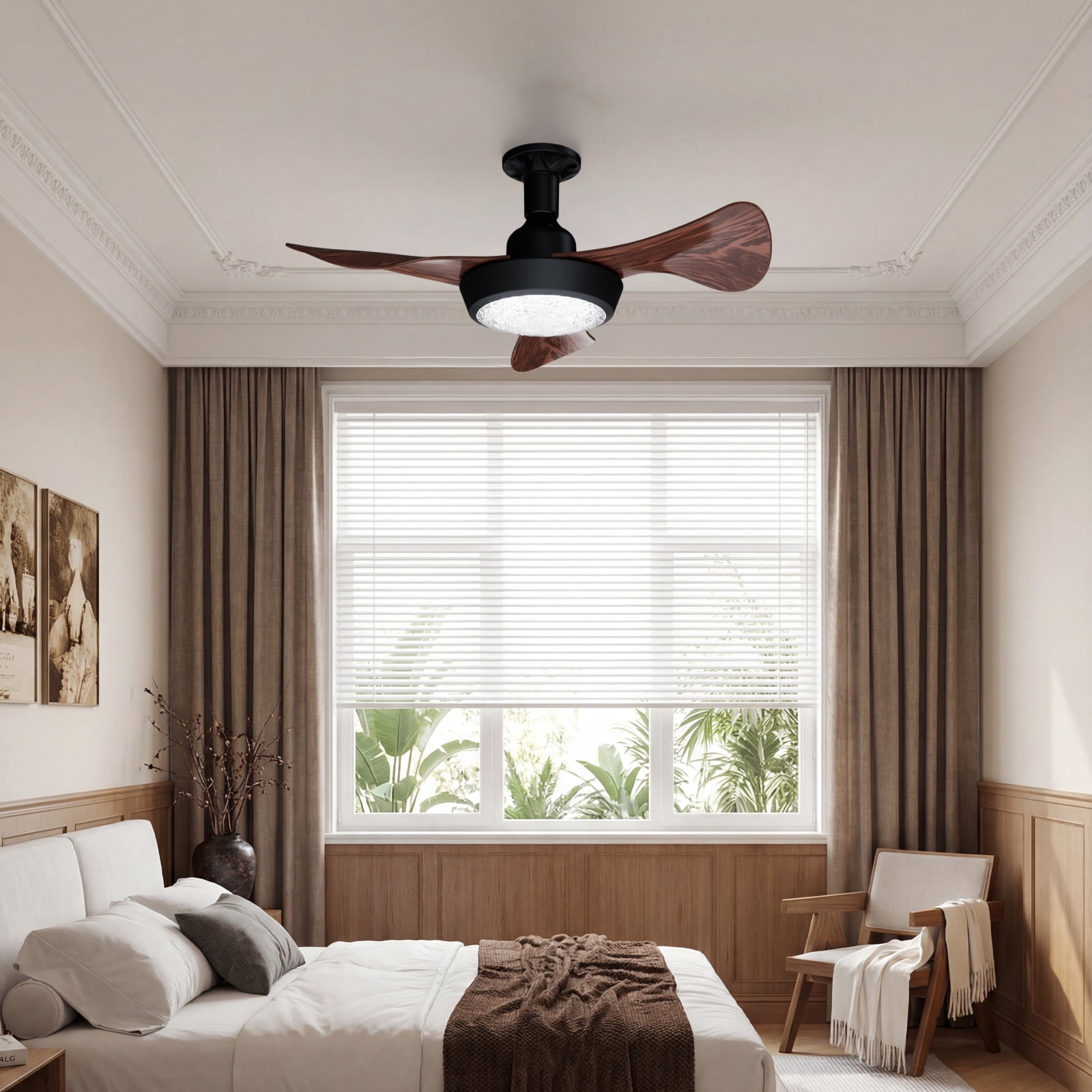 Faryuan 25 in Modern Ceiling Fan with Light and Remote, Walnut Finish Blades, 3-Color Temperature LED (25 in) tx255