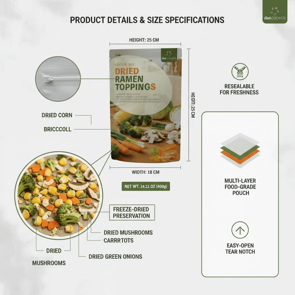 DIET COOKER Dried Ramen Toppings Vegetable Mix, Dehydrated Carrots Cabbage Shiitake Corn & Broccoli (14.1 oz) 6tny7