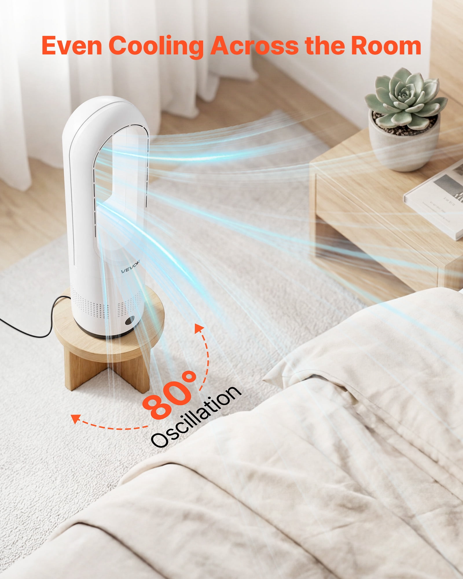 VEVOR Bladeless Tower Fan, Oscillating Standing Floor Fan with Remote, 8 Speeds, Quiet Air Circulator for Bedroom and Living Room (White) xv1w5