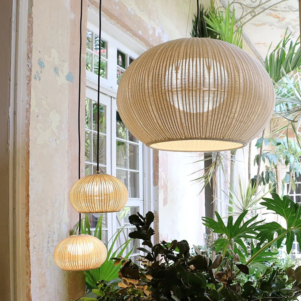 LittleGlovo Hand-woven Rattan Chandelier Waterproof Outdoor Hanging Light (Natural, 12 in) e5toj