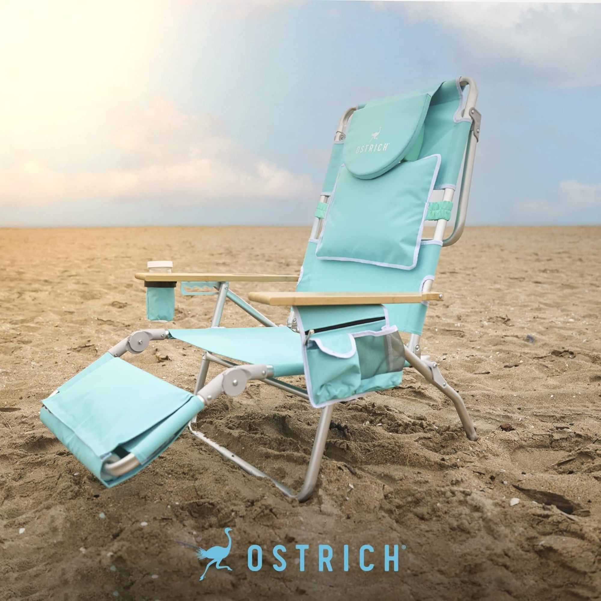 Ostrich Deluxe 3-in-1 Lightweight Outdoor Beach Lounge Chair with Footrest (Aqua, 60.76 in x 28.10 in x 39.73 in) 3px9w