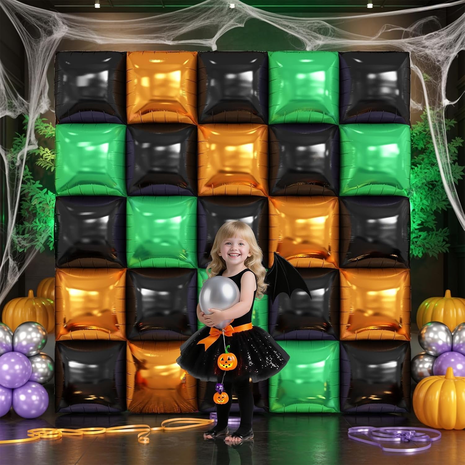Party Decor Square Foil Balloon Wall Kit (Black, Orange, Green, 25-Piece Set) zb6ju