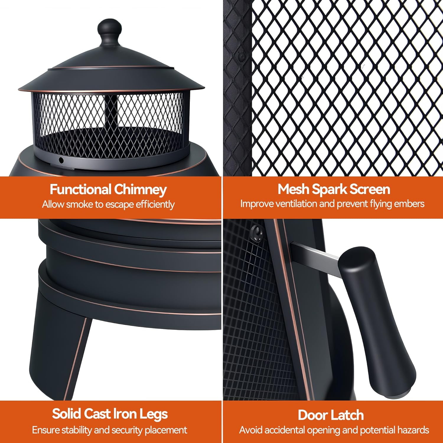 ASJMR Outdoor Wood Burning Fire Pit with 2 Rotating Grills, Smokeless Design, and Metal Mesh Spark Guard (Black, 24 in x 24 in x 30 in) cqfqt