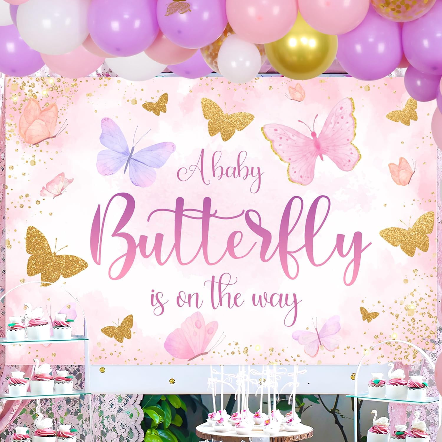 Sursurprise Butterfly Baby Shower Decoration Set with Balloon Garland Arch and Backdrop (Purple and Gold, 1 Set) izlom