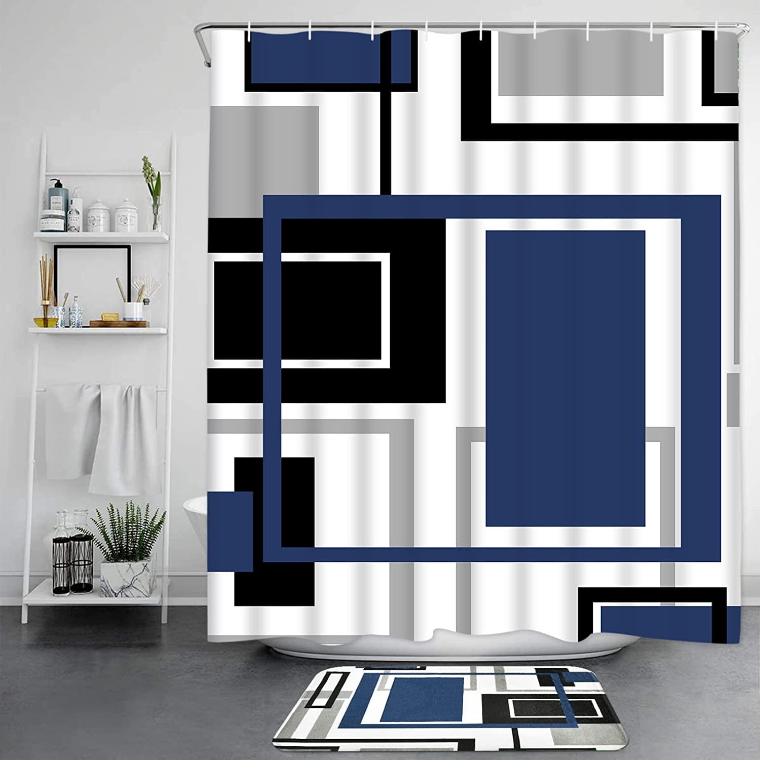 FRAMICS Geometric Shower Curtain Set with Rugs and Hooks (Blue, 16 Piece Set) a301f - Image 8