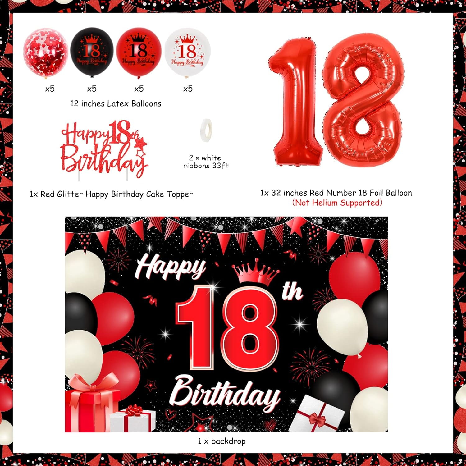 Sursurprise 18th Birthday Party Decoration Set, Red and Black Theme with Backdrop, Cake Topper, and Balloons (1 Set) jg0lh