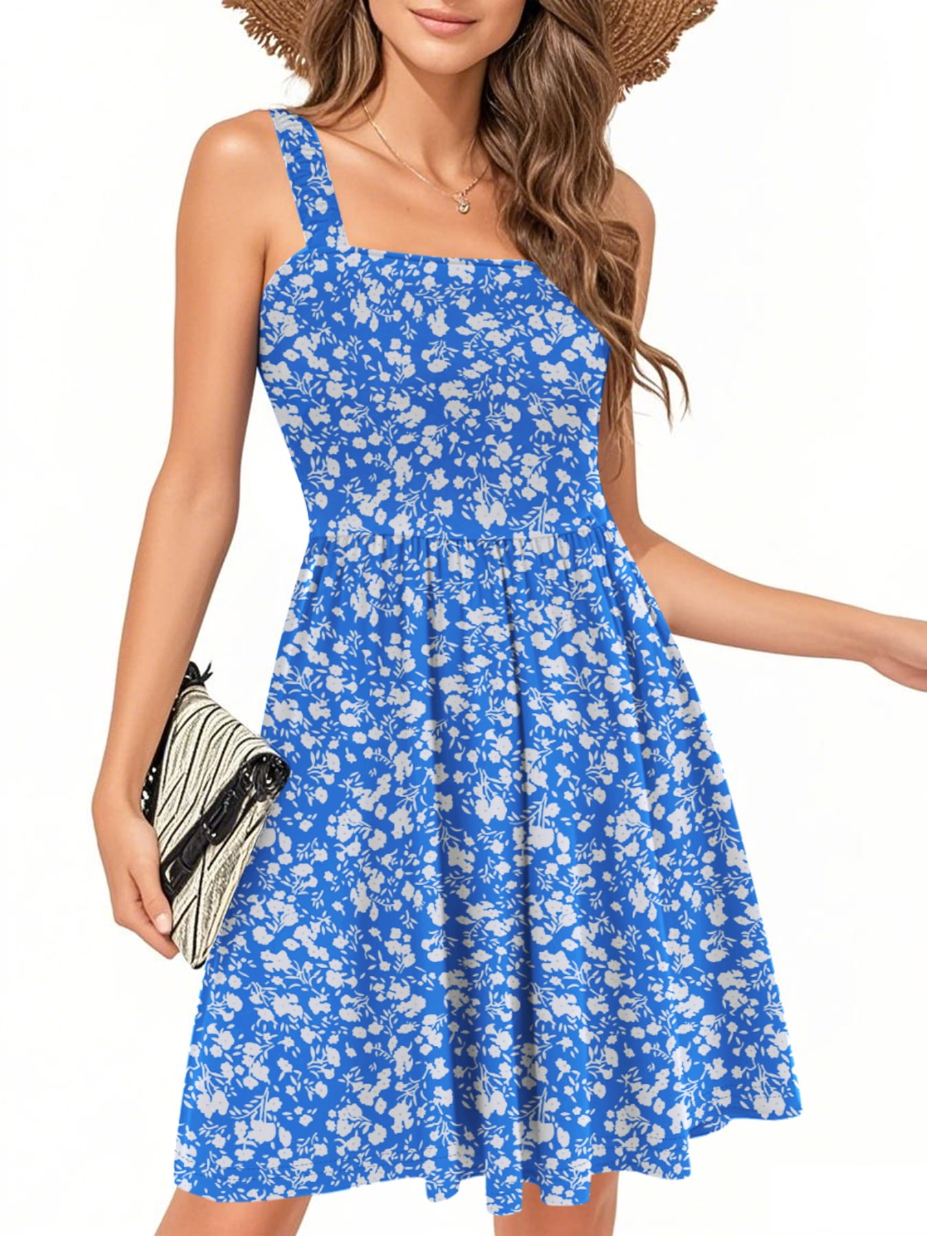 UVN Women's Sleeveless Square Neck Midi Dress Boho Floral Print Beach Sundress with Pockets (Blue, M) f1qdt
