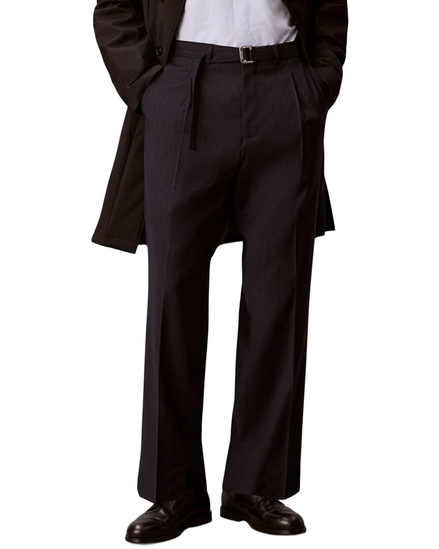 Calvin Klein Mens Straight Fit Wool-Blend Pinstripe Belted Trousers (Dark Sapphire, 32 in) fm1ha