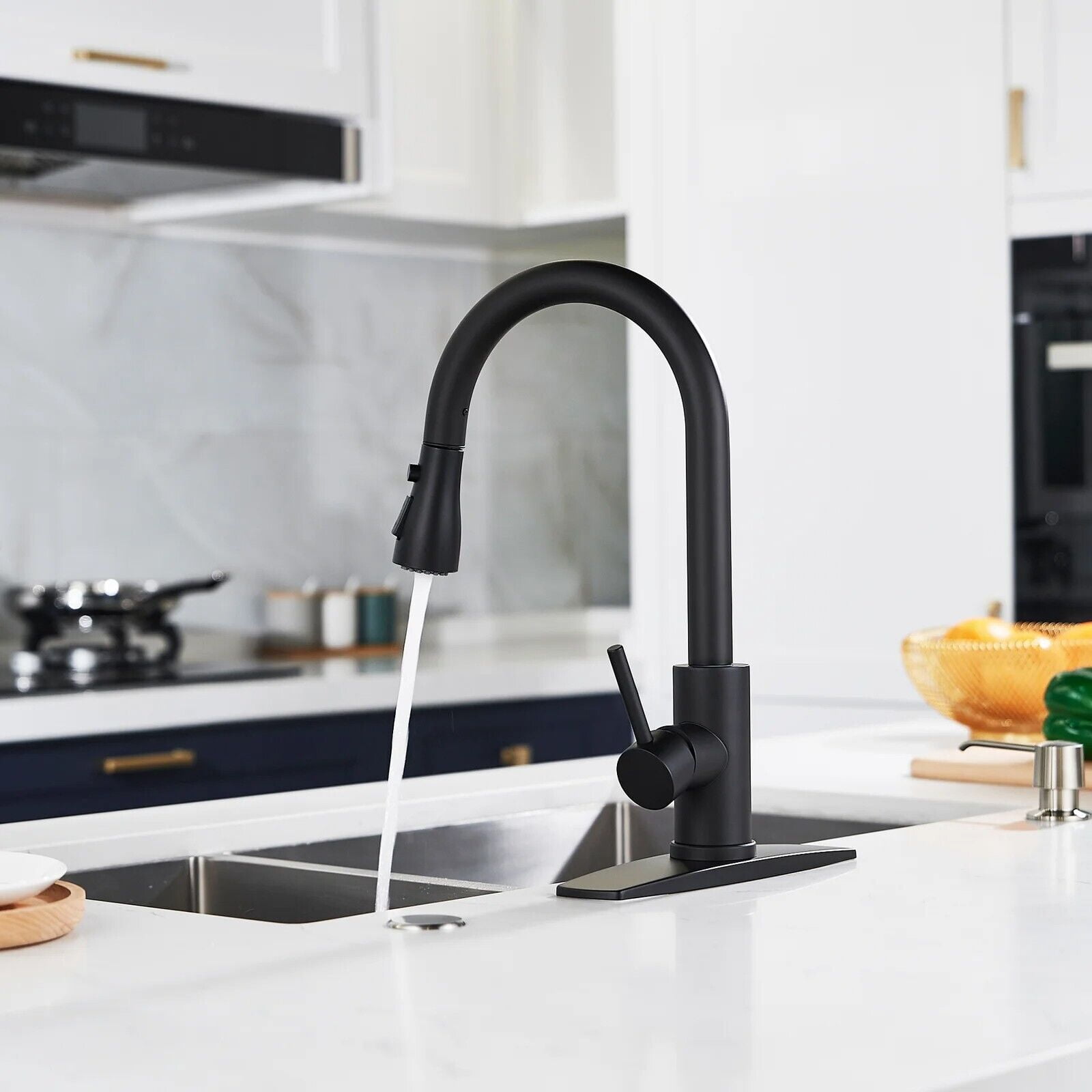 Senlesen High Arc Pull Down Kitchen Faucet with Sprayer and Deck Plate (Matte Black, 15.7 in) v1rit