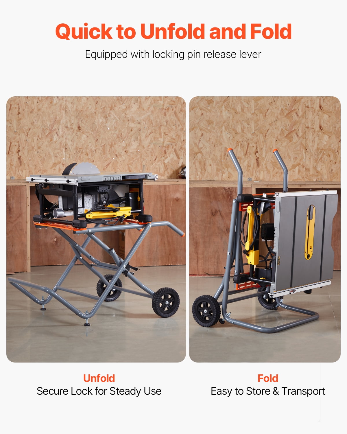 VEVOR Portable Table Saw Stand, Rolling Foldable Workstation with 8 in Rubber Wheels, Heavy-Duty Steel Construction (350 lb Capacity) 2v484