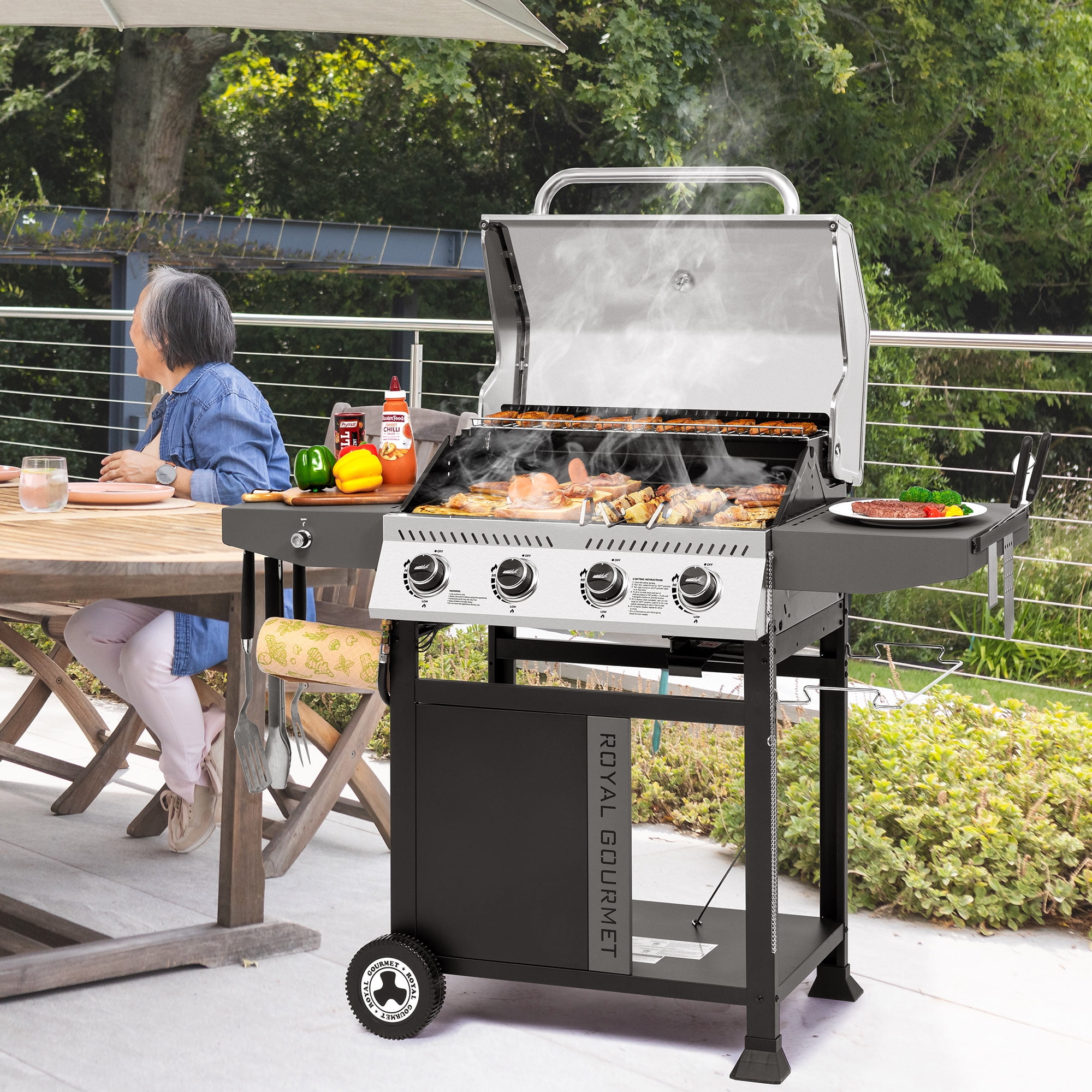 Royal Gourmet GA4405TS 4-Burner Gas Grill with Stainless Steel Lid and Side Shelves (Silver, 55.55 in L x 24.45 in W x 45.79 in H) cfyx7