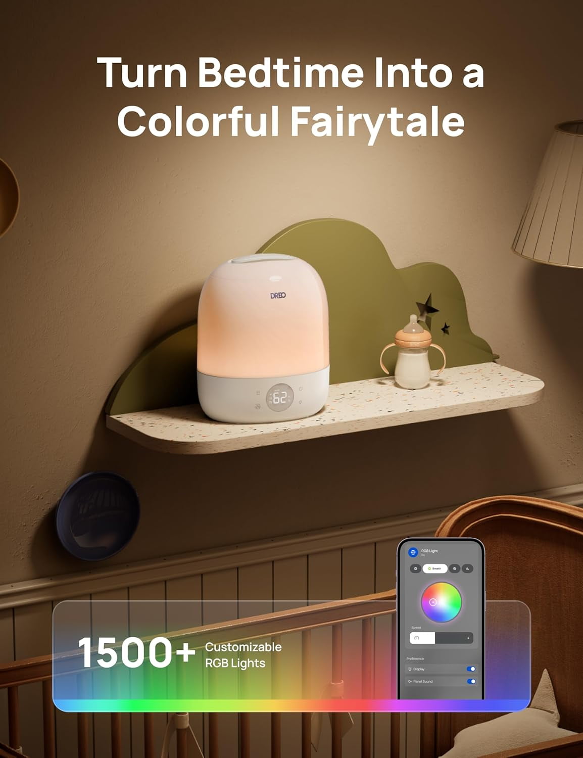 DREO Smart Cool Mist Humidifier for Bedroom and Nursery, Ultra Quiet Ultrasonic Air Humidifier with App Control and RGB Night Light (White, 0.79 gal) wb3av