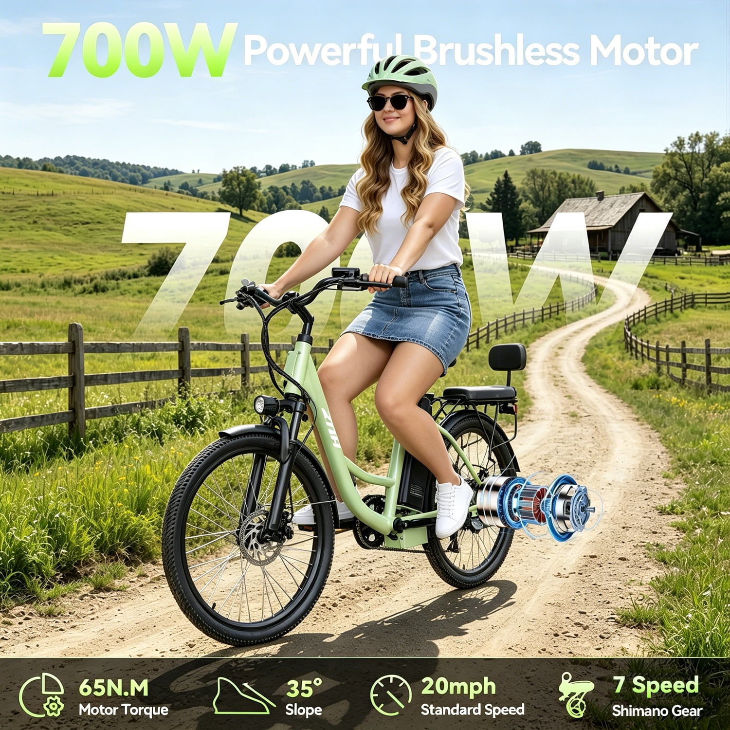 ZNH 24-inch Electric Bike, 700W Motor E-Bike with 48V 13Ah Battery, UL2849 Certified (Green, 330 lb Load Capacity) g7zs6