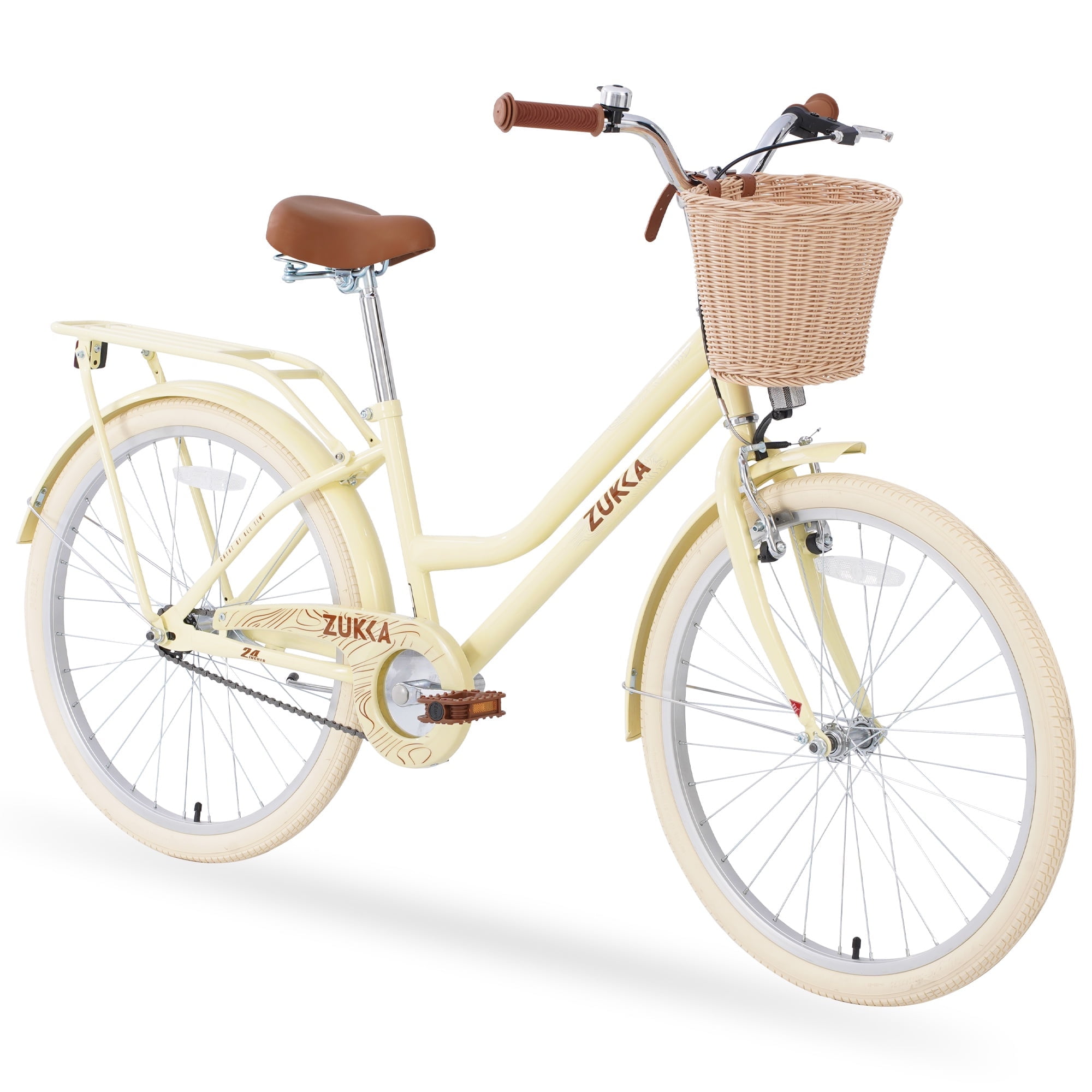 Holaki 24 in Kids Beach Cruiser Bike, Steel Frame Commuter Bicycle with Basket and Rack (Yellow, 24 in) 00kr9