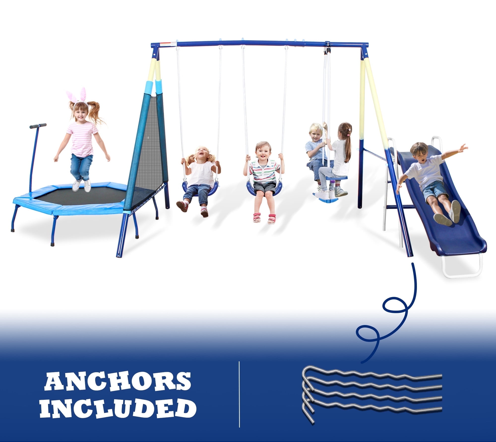 SMkidsport 5-in-1 Outdoor Swing Set with Slide, Detachable Trampoline, Swings & Glider (Black, 191 in x 91 in x 74 in) qx4p1