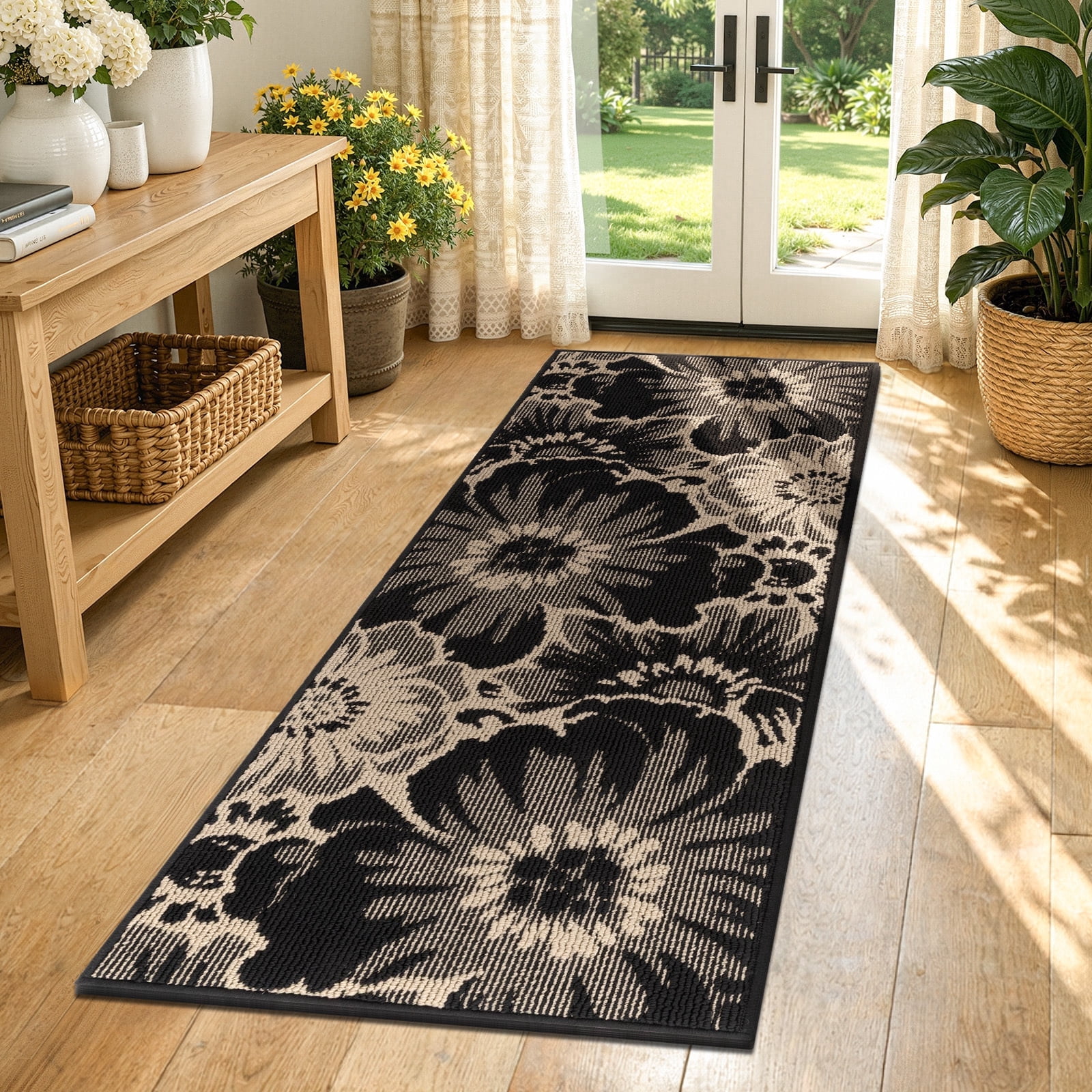 Findosom Non-slip Runner Rug for Hallway, Machine Washable Low Pile Floor Mat with Rubber Backing (Black, 24 in x 60 in) de0b1