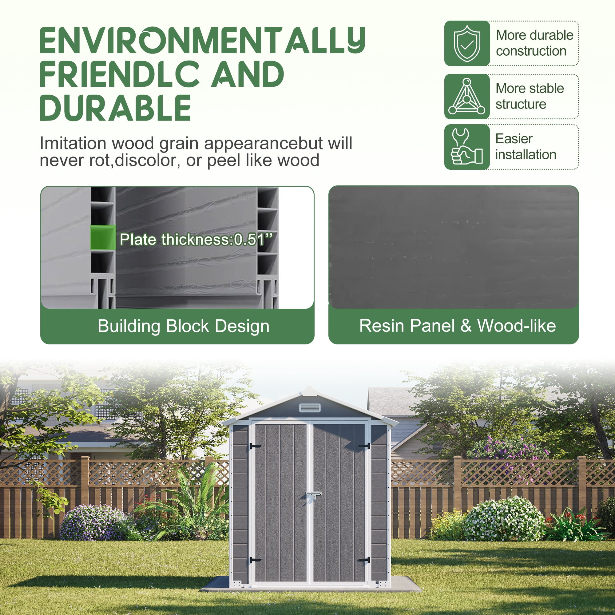 LZBEITEM 6 ft x 6 ft Outdoor Storage Shed, Weather-Resistant Resin Tool Shed with Heavy-Duty Floor and Lockable Doors (Grey, 205 cu.ft) sgccu