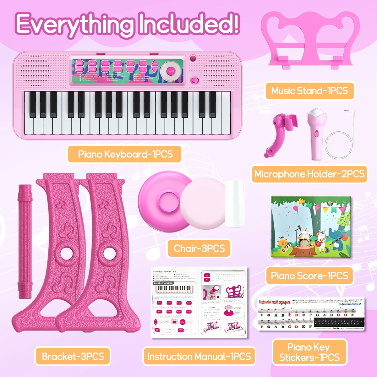 WLBES 37-Key Electronic Keyboard Piano Set with Stand and Stool (Pink, 1 Set) blafm