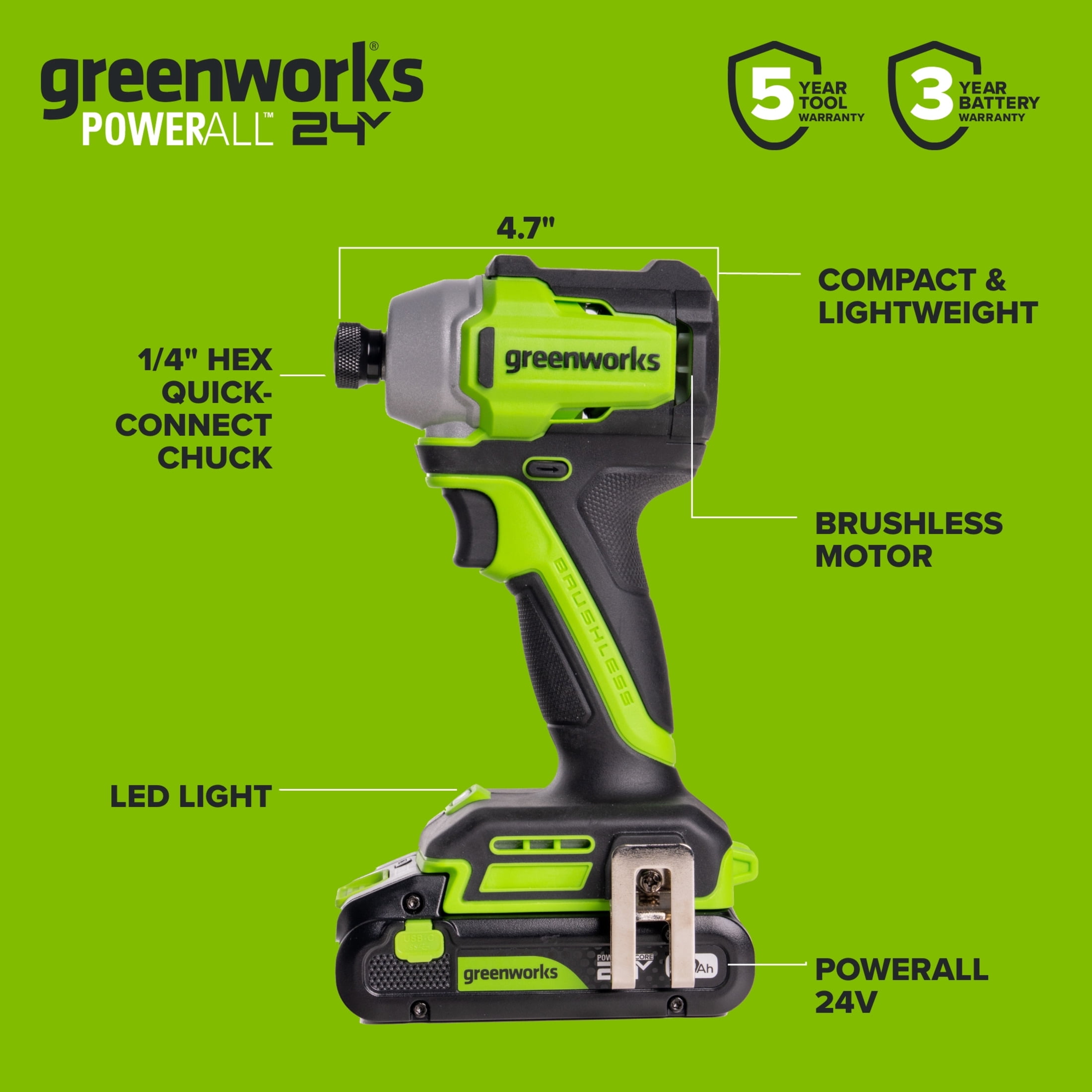 Greenworks PowerAll 24V Brushless Impact Driver Kit with 2.0 Ah USB-C Battery and Charger (Green, 4.7 in) a0xpd