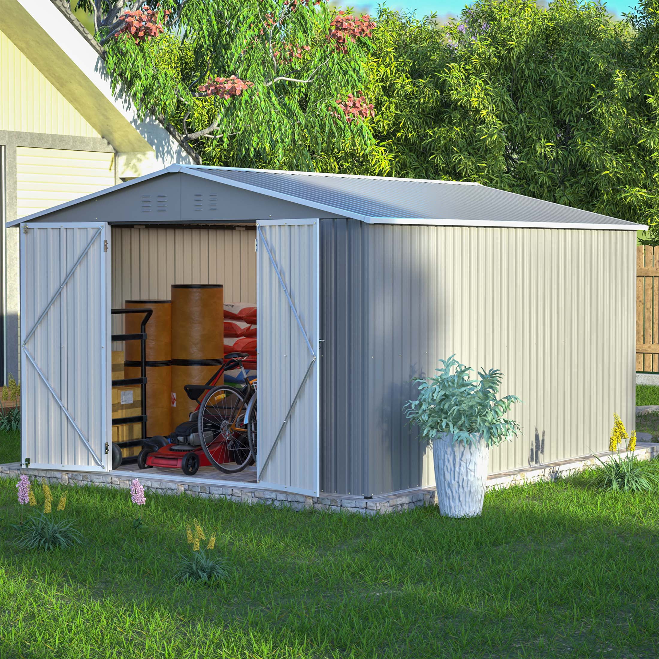 LZBEITEM Outdoor Storage Shed with Floor Frame Kit, Galvanized Steel Garden Tool Shed, Weatherproof Backyard Storage with Lockable Double Doors (Gray, 10 ft x 12 ft) 7fx83