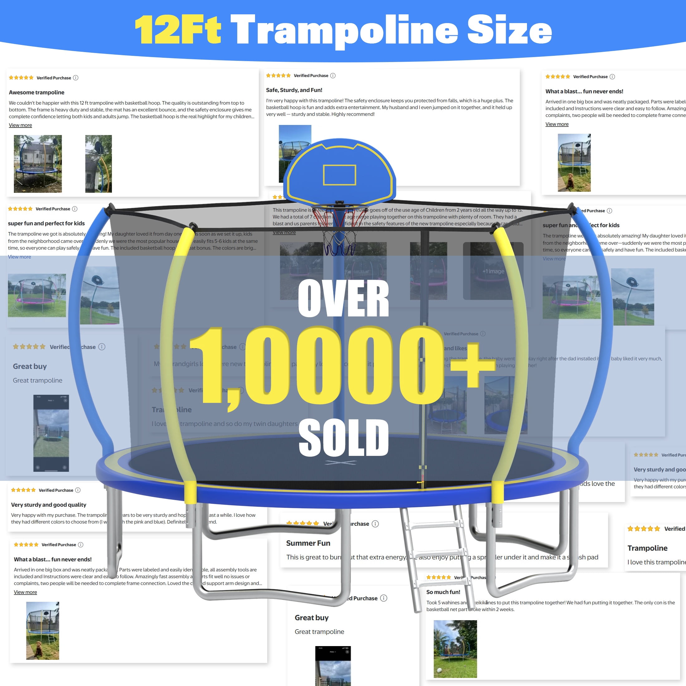 Segmart 12 ft Round Outdoor Trampoline with Enclosure Net and Ladder (Blue, 12 ft) dpdol