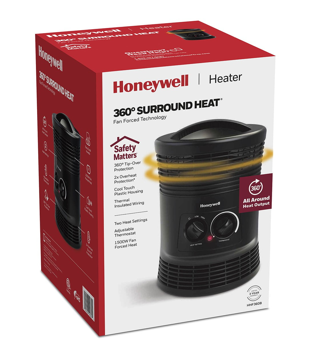 Honeywell Surround Heat Ceramic Heater, Portable Electric Space Heater with Adjustable Thermostat (Black, 1 Unit) aacsu