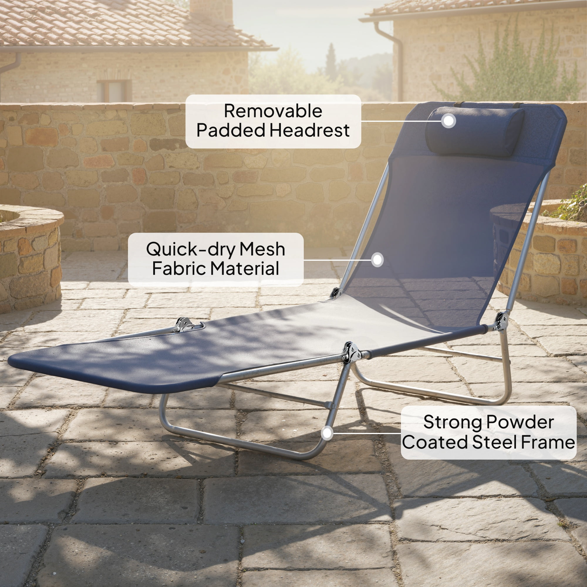 Outsunny Foldable Outdoor Chaise Lounge Chair, 5-Level Reclining Camping Tanning Chair with Breathable Mesh Fabric and Headrest (Dark Blue, 71.75 in L) yxiv2