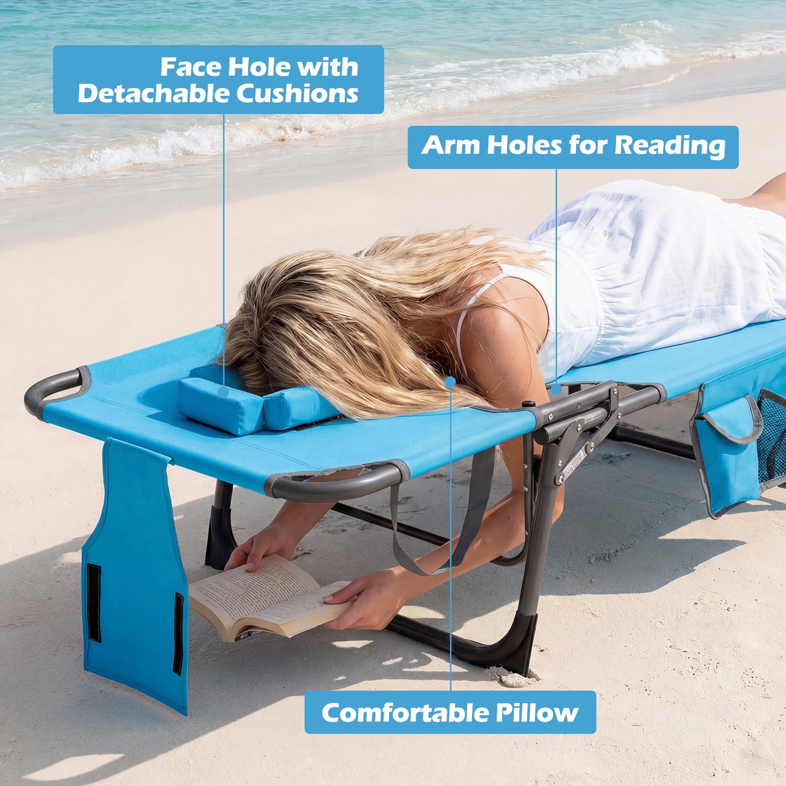 Gymax Folding Tanning Beach Chair with Face and Arm Holes, Adjustable Backrest (Blue) wdoa0