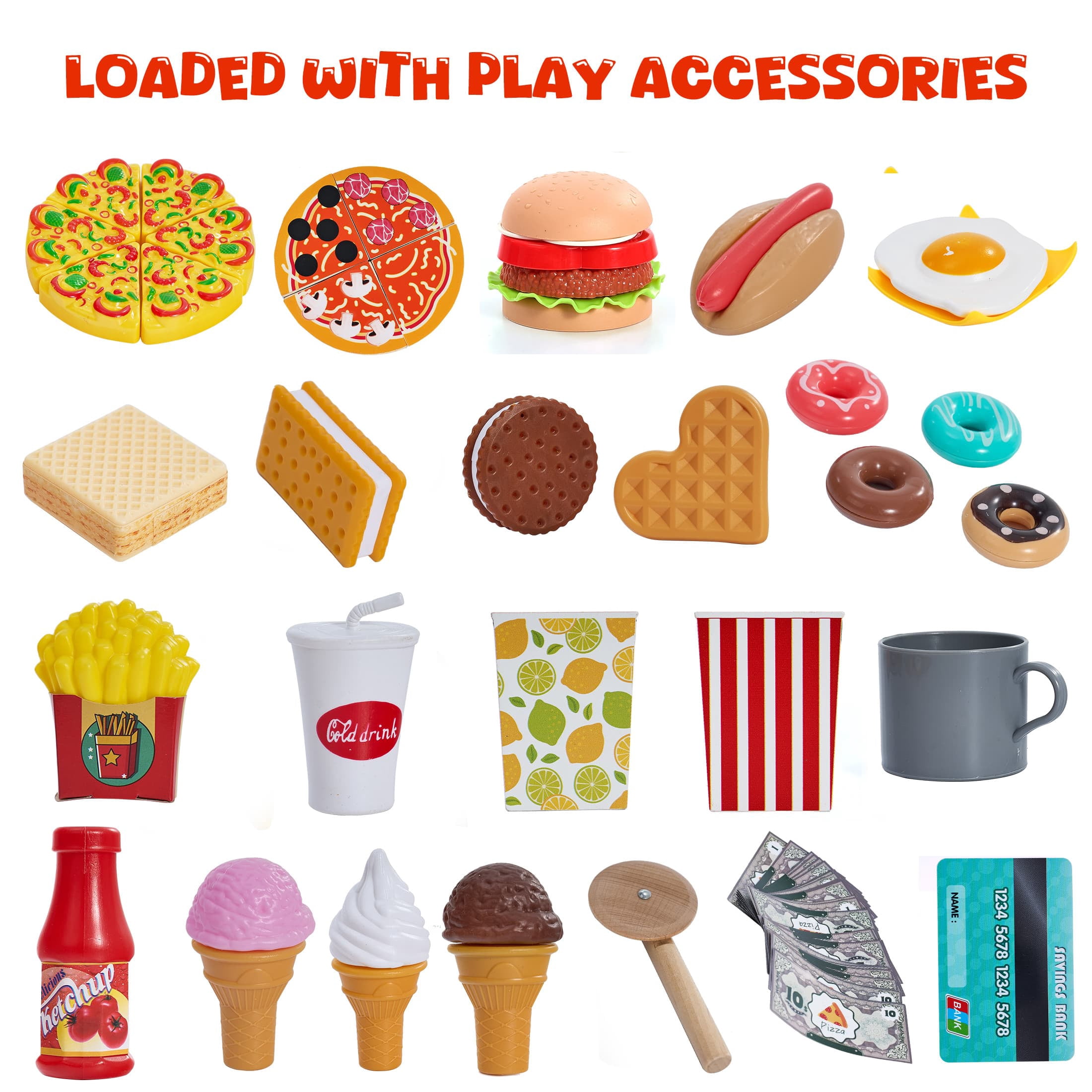 iYofe Wooden Food Truck Play Kitchen Set with Interactive Light and Sound (Red, 31.69 in x 18.1 in x 36.61 in) ilptb