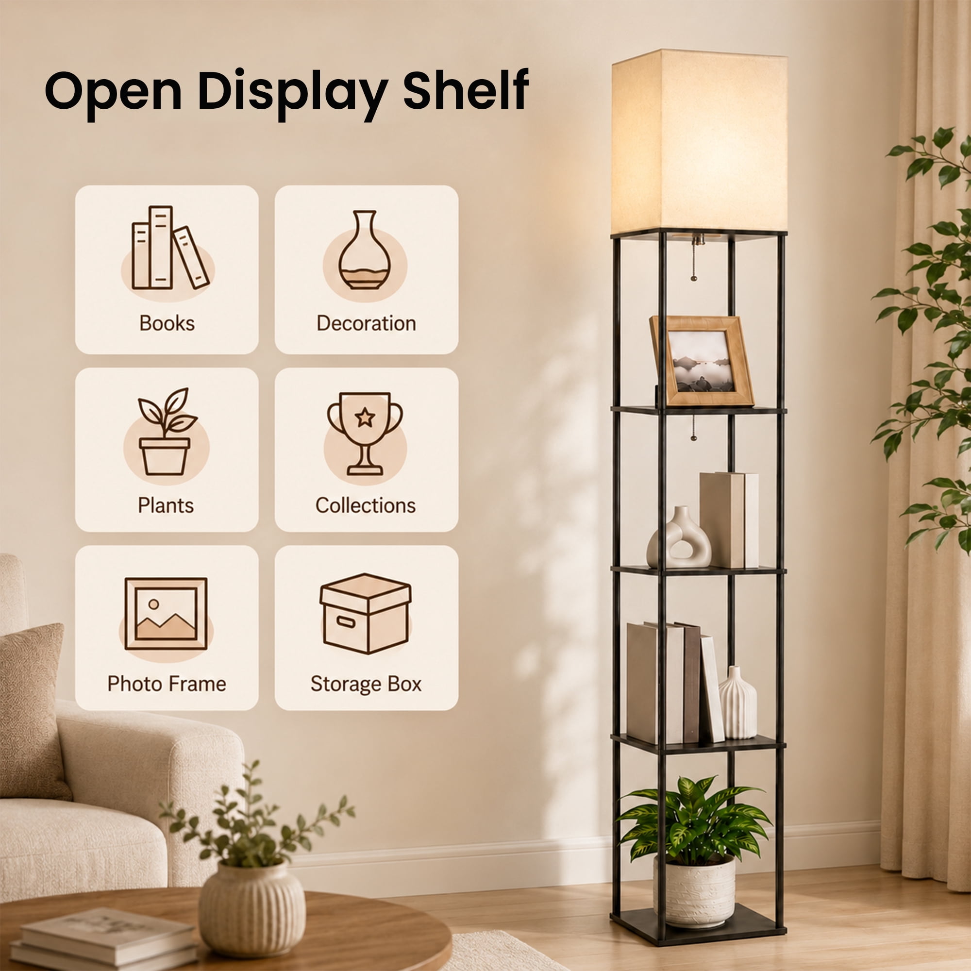 DAYBETTER 4-Tier Floor Lamp with Shelves, Modern Corner Bookshelf Lamp with 3-Color Temperature LED Bulb (Black, 69 in) zbfyx