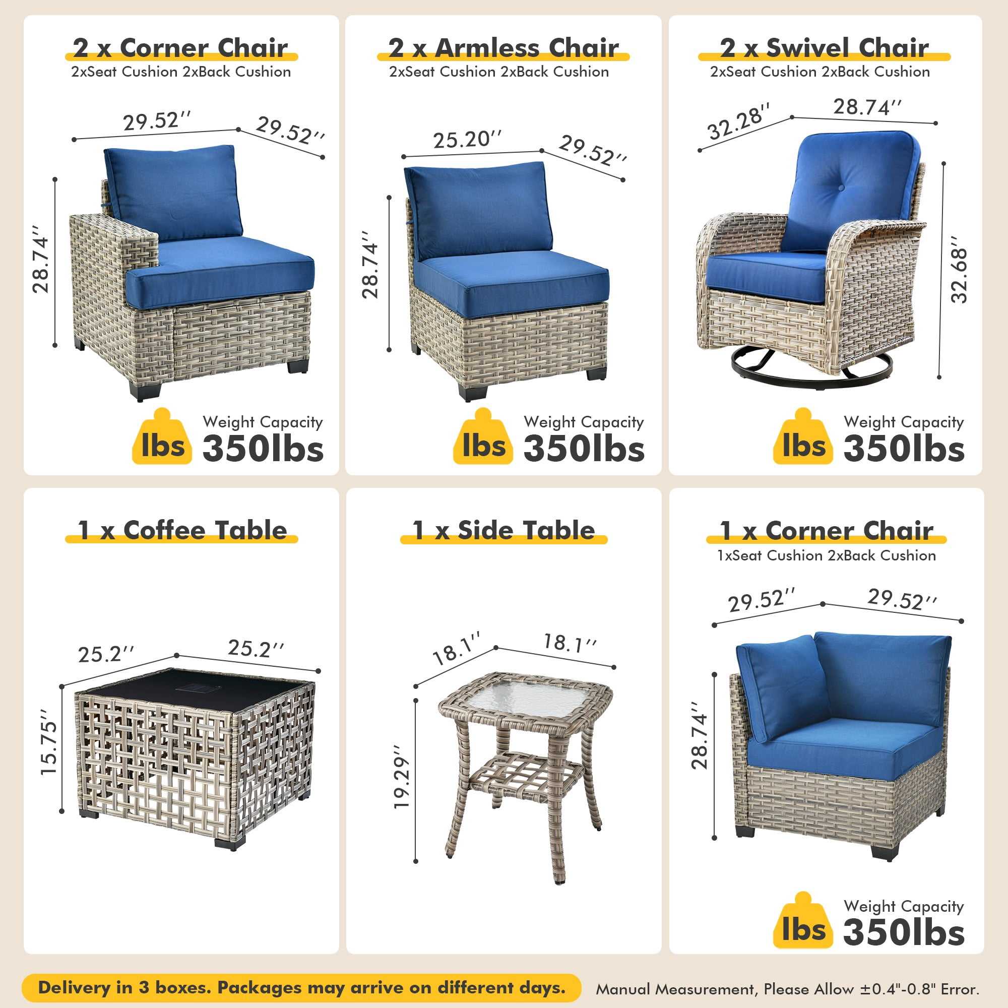 XIZZI 9-Piece Outdoor Patio Sectional Furniture Set, Wicker Conversation Set with Swivel Chairs and Solar Coffee Table (Navy Blue, 9-Piece) brinc