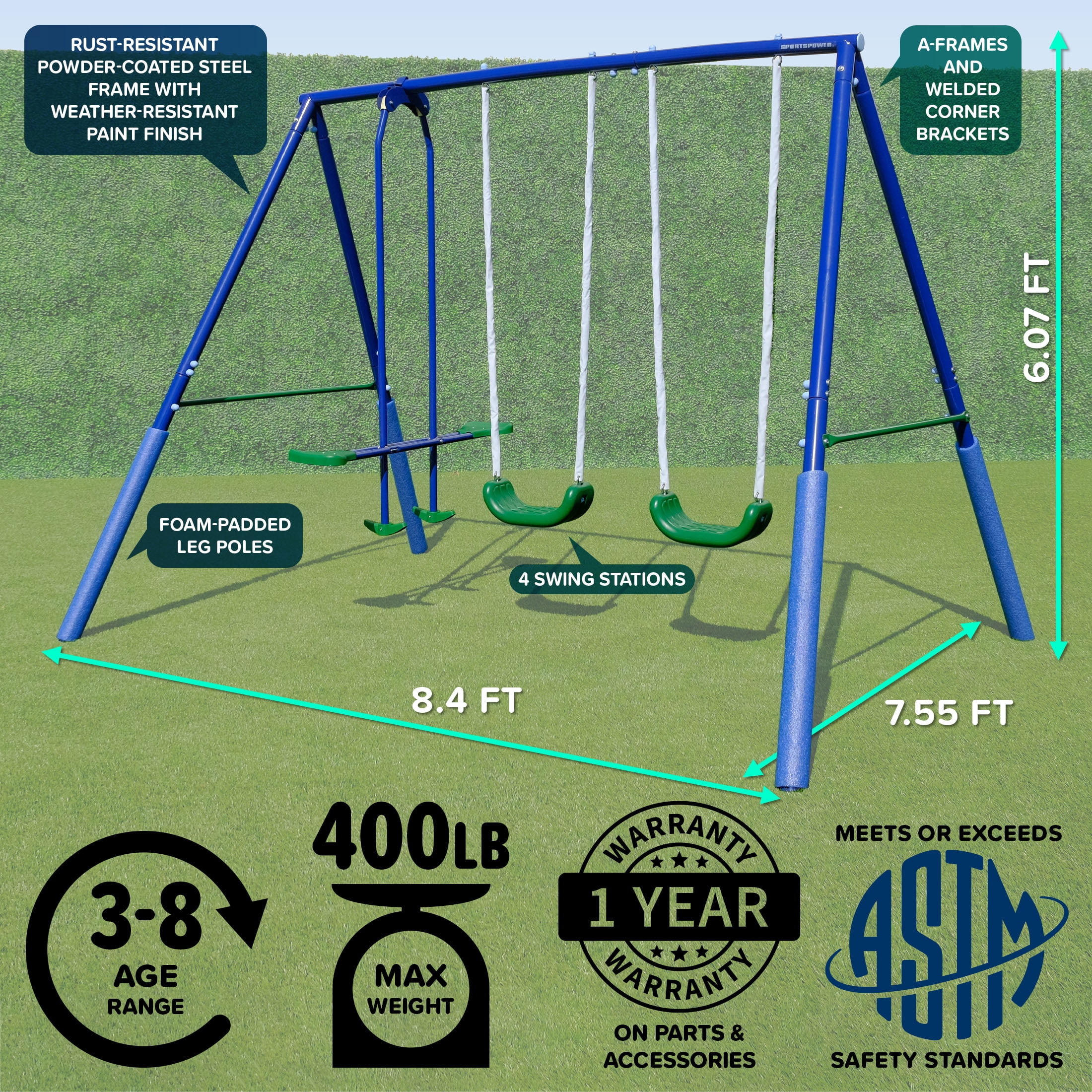 Sportspower Metal Swing Set with 2 Swings and 2-Person Glide Ride (Blue, 1 Set) avu08
