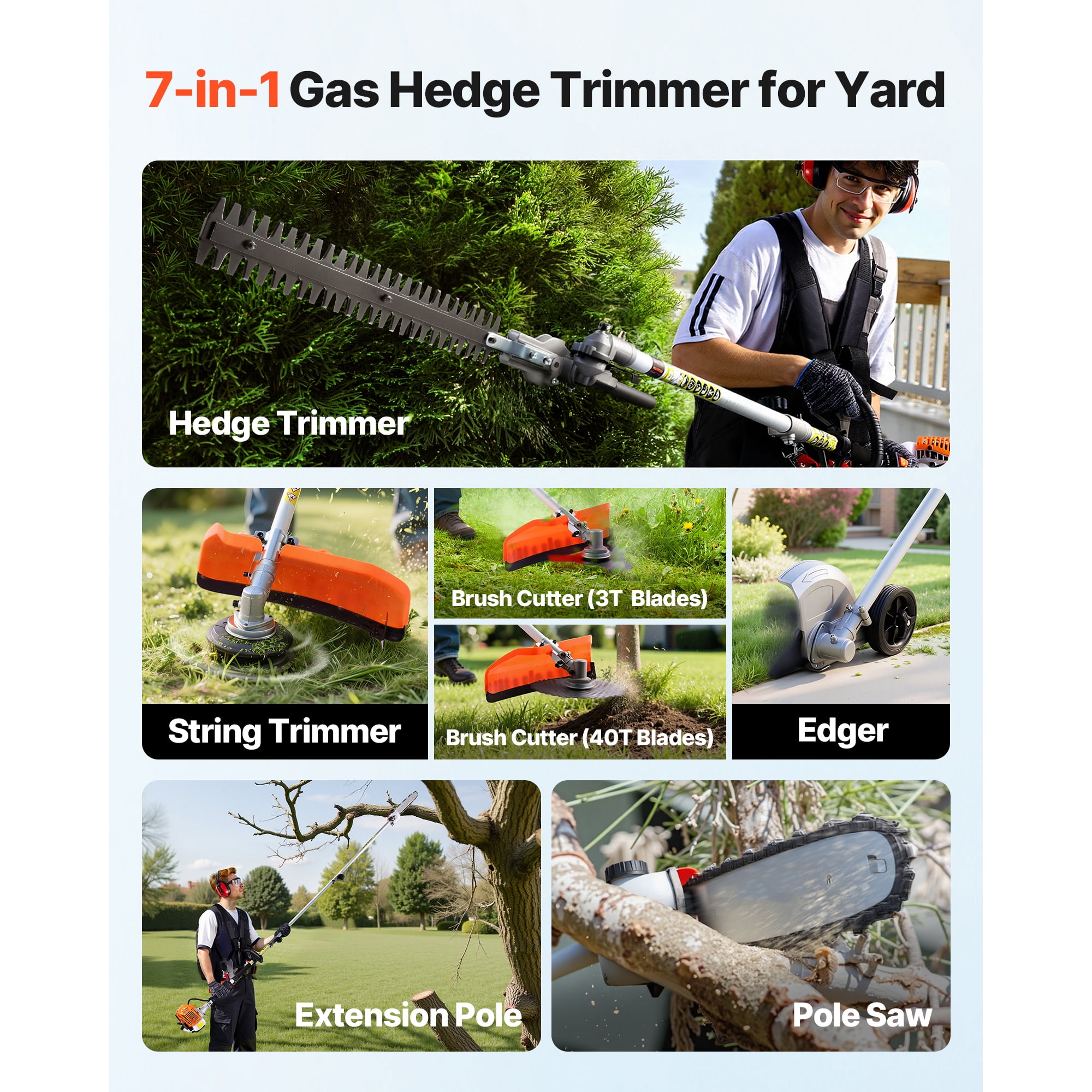 KFFKFF 6-in-1 Gas-Powered Multi-Functional Garden Tool Set, Hedge Trimmer with Extension Pole (1 Kit) j42sh