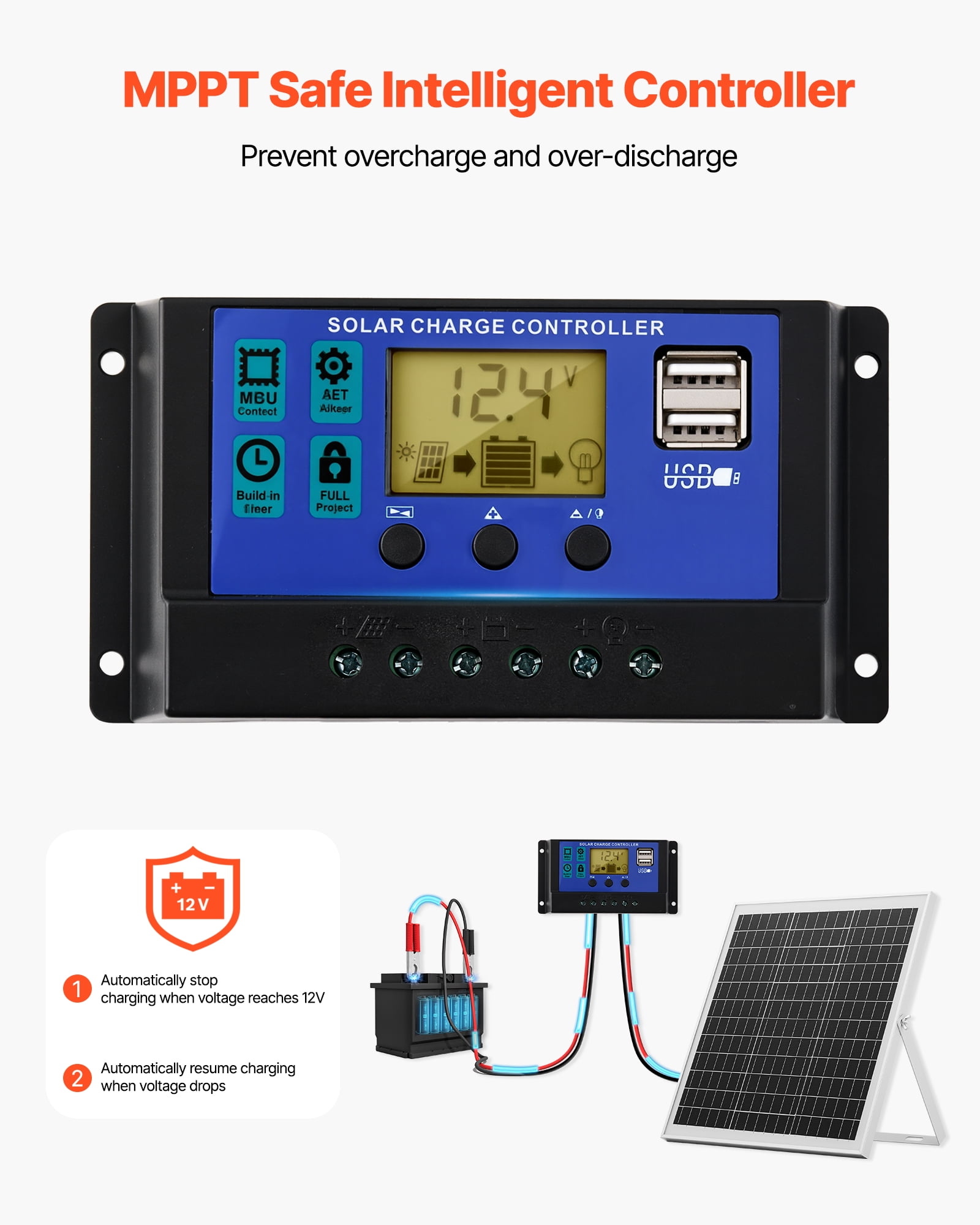 VEVOR 20W 12V Solar Panel Battery Trickle Charger Maintainer with MPPT Controller and Adjustable Mount (Black, 20 Watt) 4spdj - Image 3