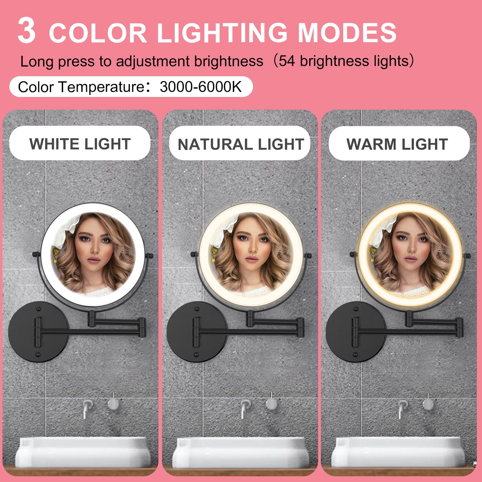Umirokin Rechargeable Wall Mounted LED Makeup Mirror (Black, 8 in) 1X/10X Magnification Dimmable Vanity Mirror ghr2h