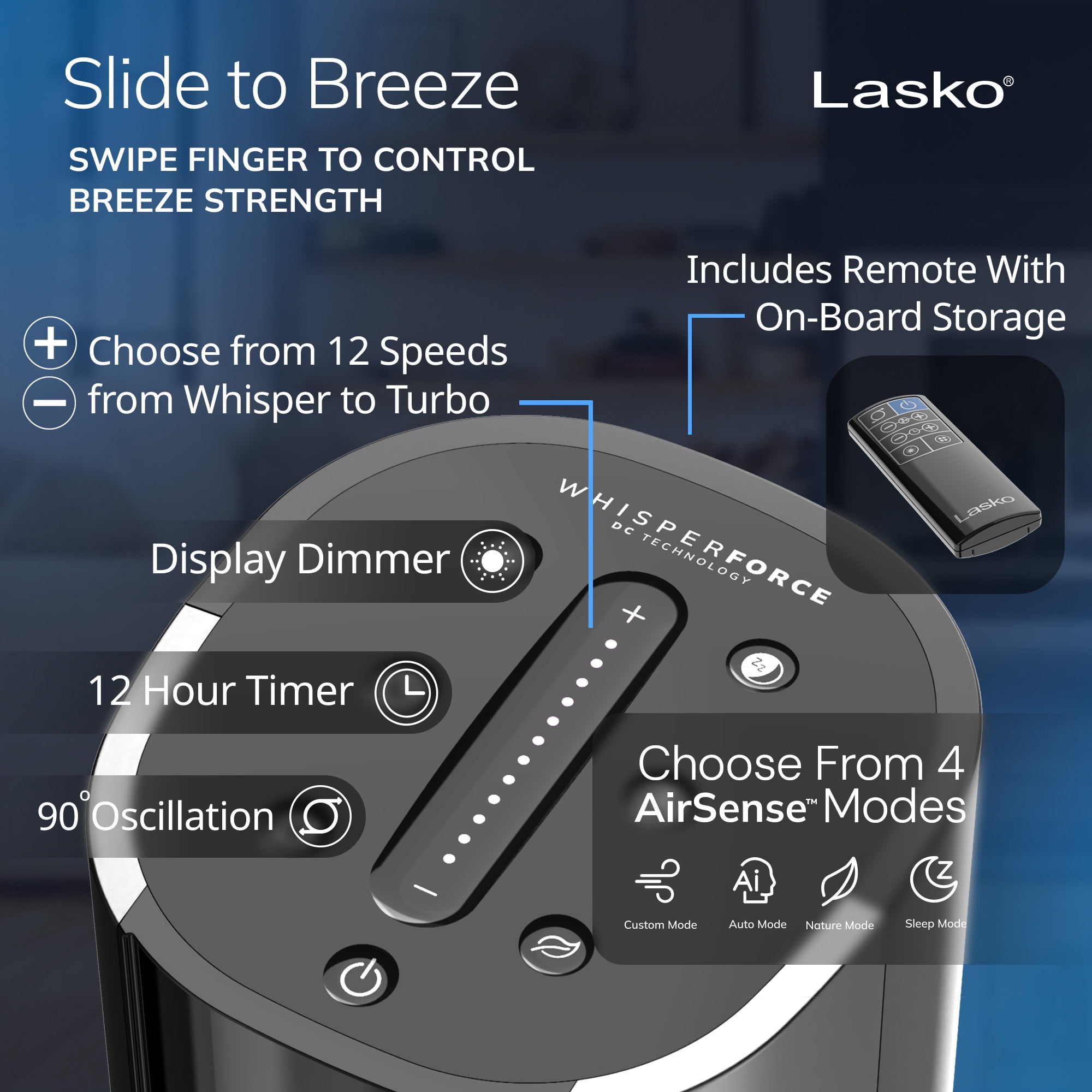 Lasko 40 in Quiet Oscillating Tower Fan with Remote Control and 12 Speeds (Black, 40 in) 7fgn0
